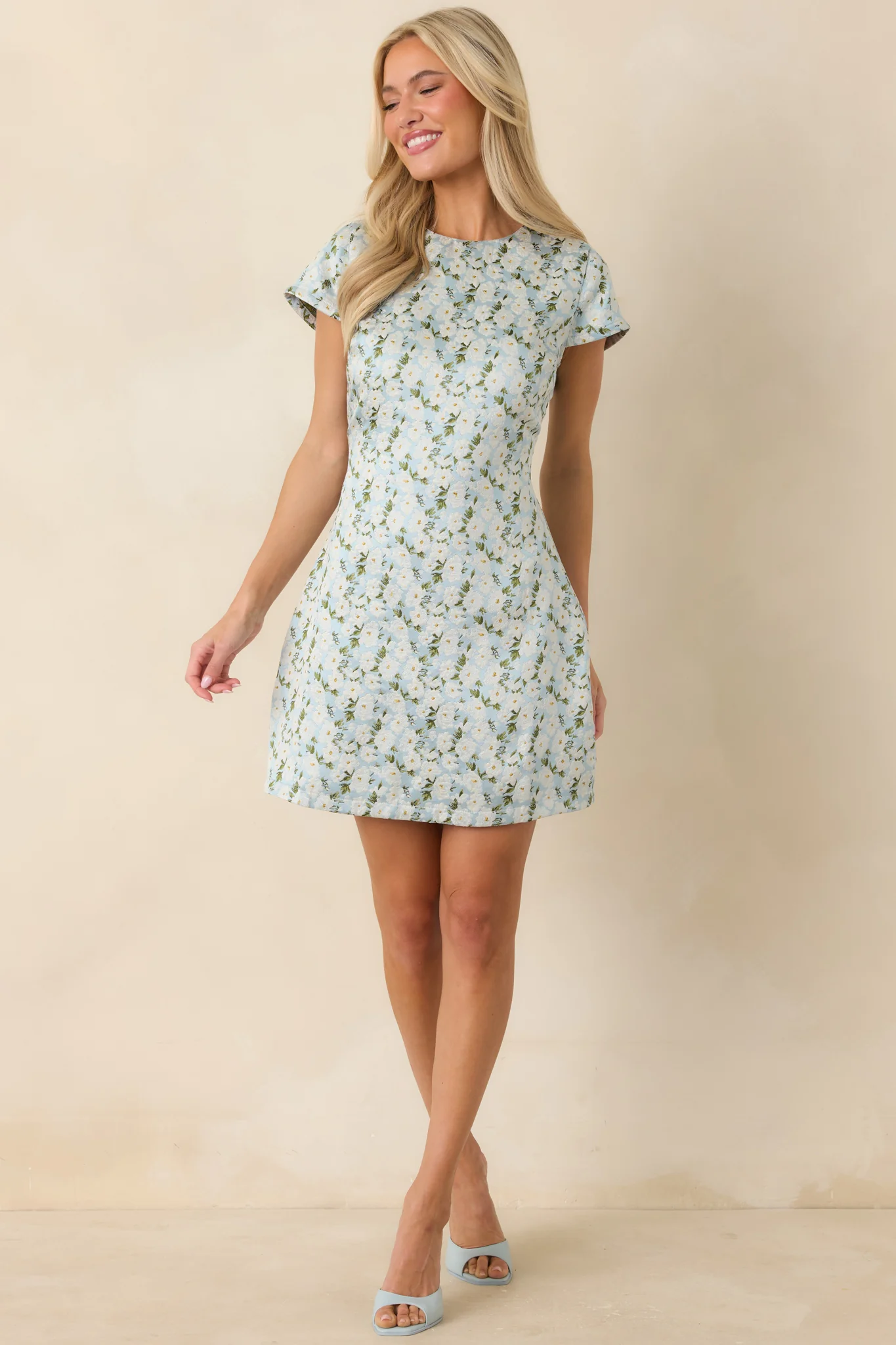 Petals on the Promenade Light Blue & White Floral Jacquard Mini Dress