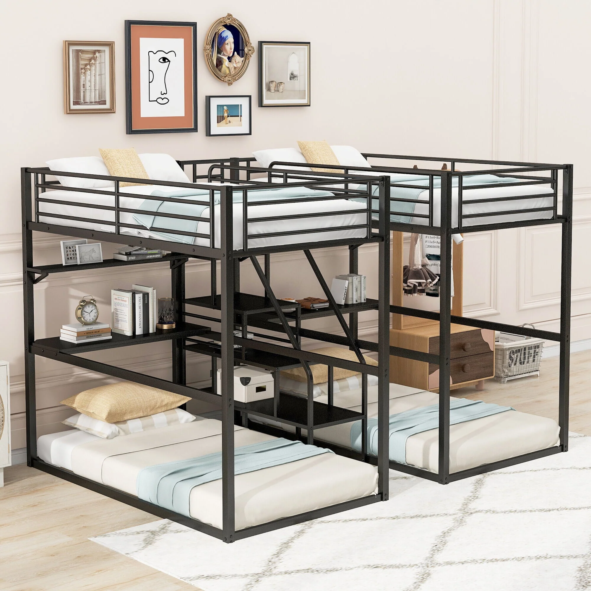 DreamBuck Double Twin over Twin Metal Bunk Bed with Desk, Shelves, and Storage Staircase, Black