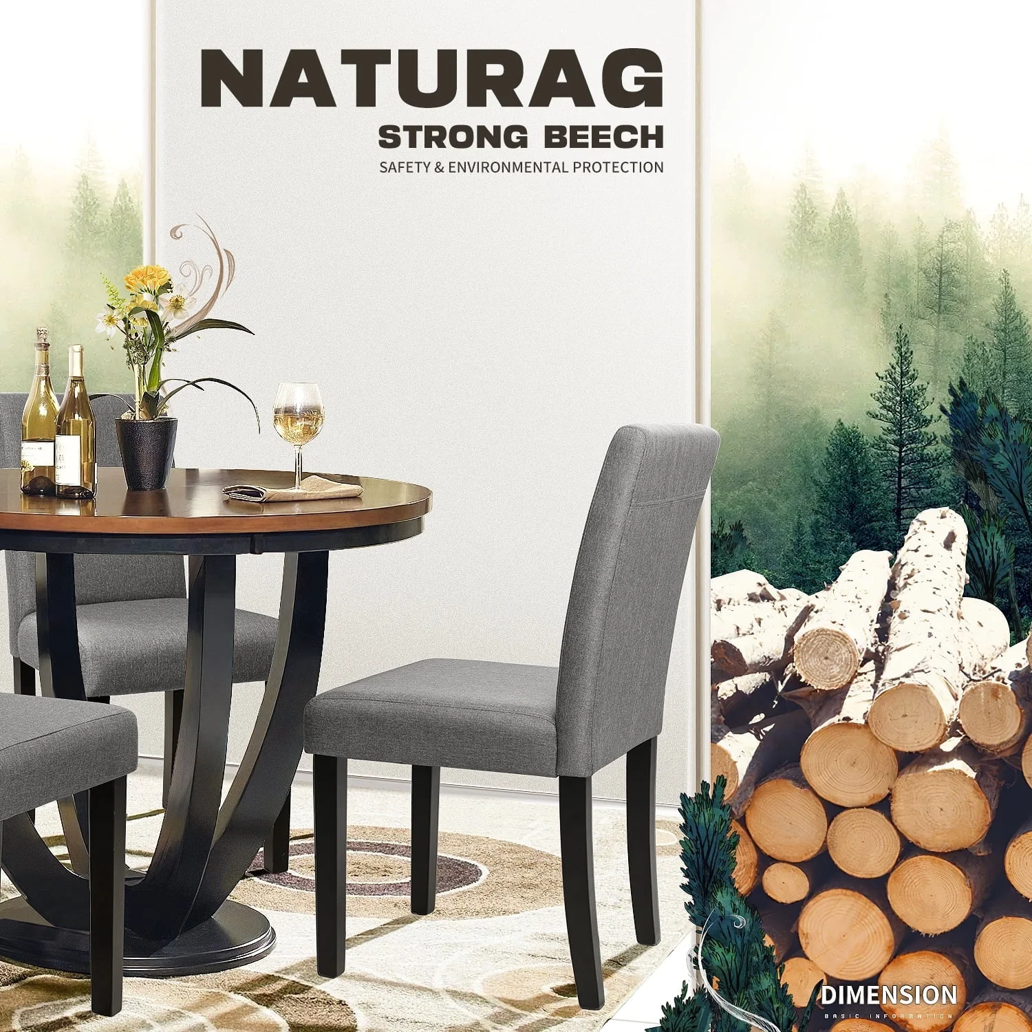 Furmax, Set of 4 Upholstered Dining Chairs with Wooden Legs, Fabric, Gray - Image 5