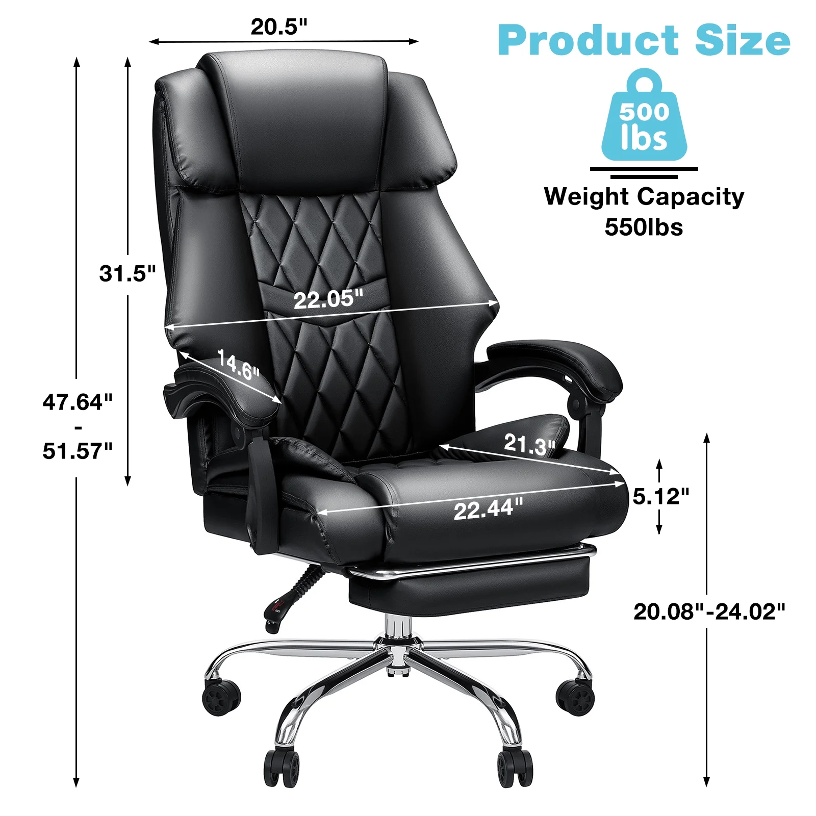Hoffree Executive Office Chair Big and Tall Office Chair with Footrest Reclining Leather Chair High Back Ergonomic Computer Desk Chair with Lumbar Back Support for Home Office 500lbs, Black - Image 9
