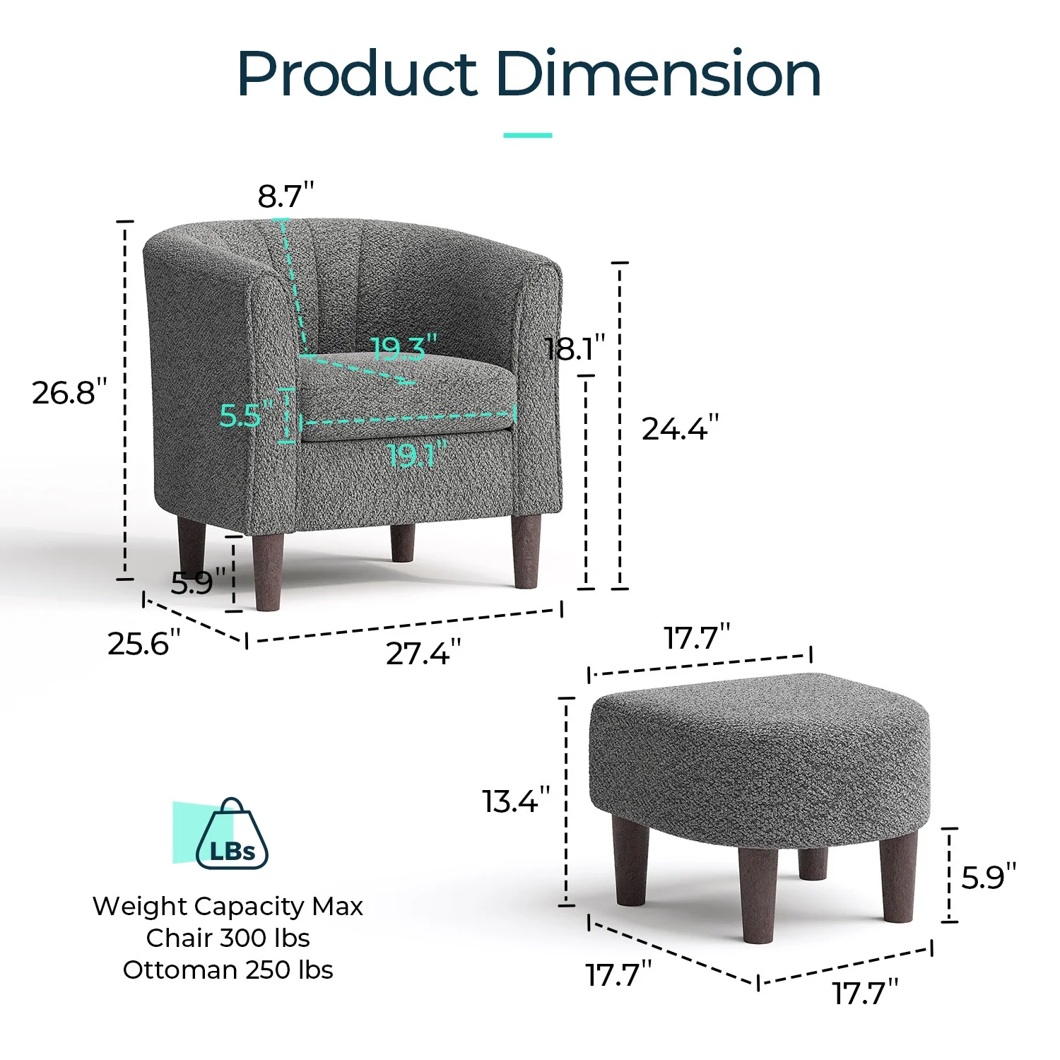 LINSY HOME Chenille Accent Chair with Ottoman for Living Room, Dark Gray