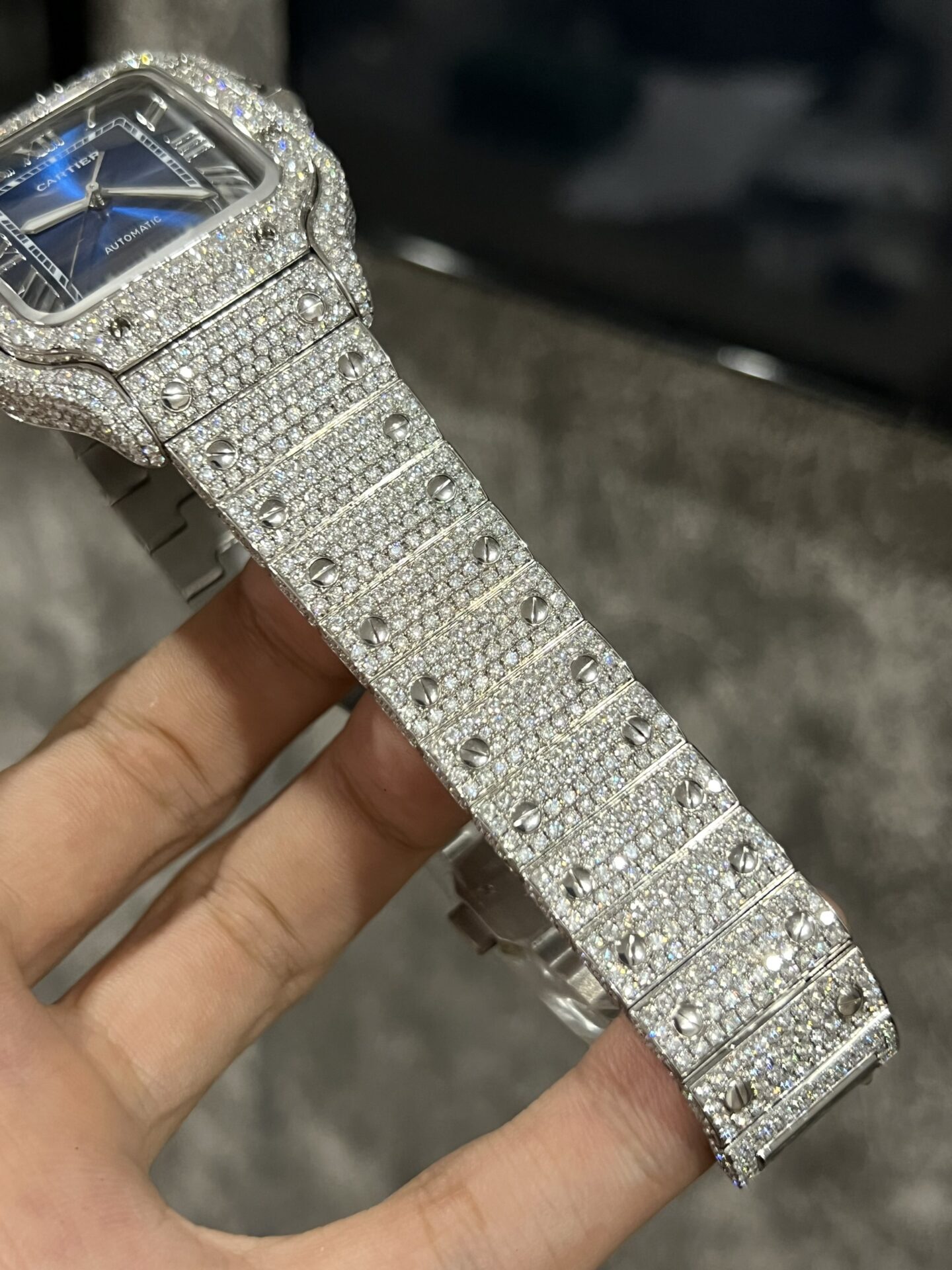 Cartier Santos Best Replica Watch Custom Moissanite Diamonds Blue Dial 39.8mm - Top club