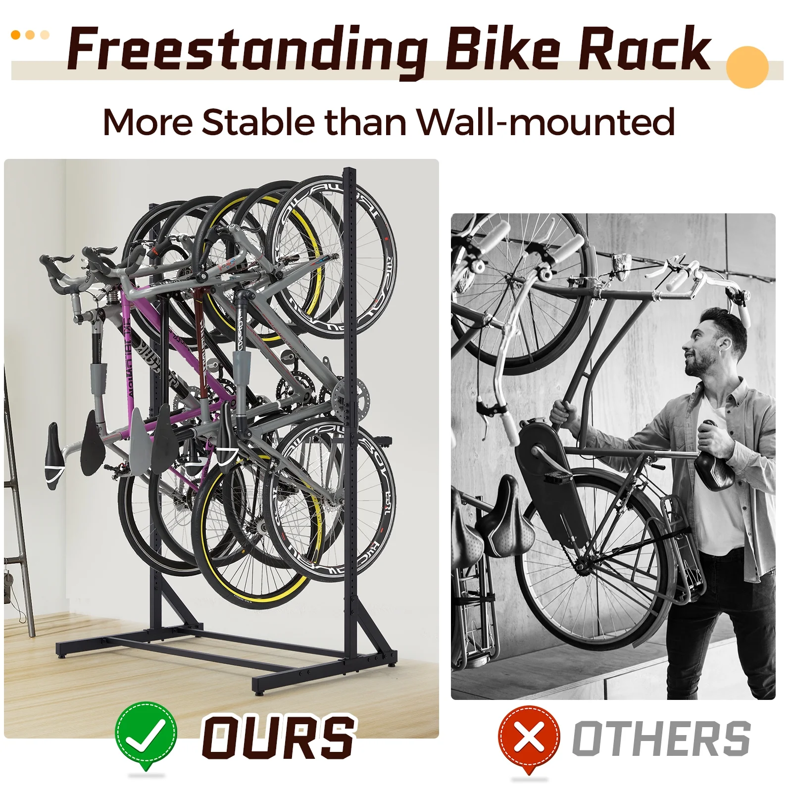 Danrelax Freestanding Bike Storage Rack, 300 lbs 5 Bikes Capacity, Vertical Bike Rack for Garage, Adjustable Hooks, Indoor Bicycle Storage Stand for Home, Black - Image 3