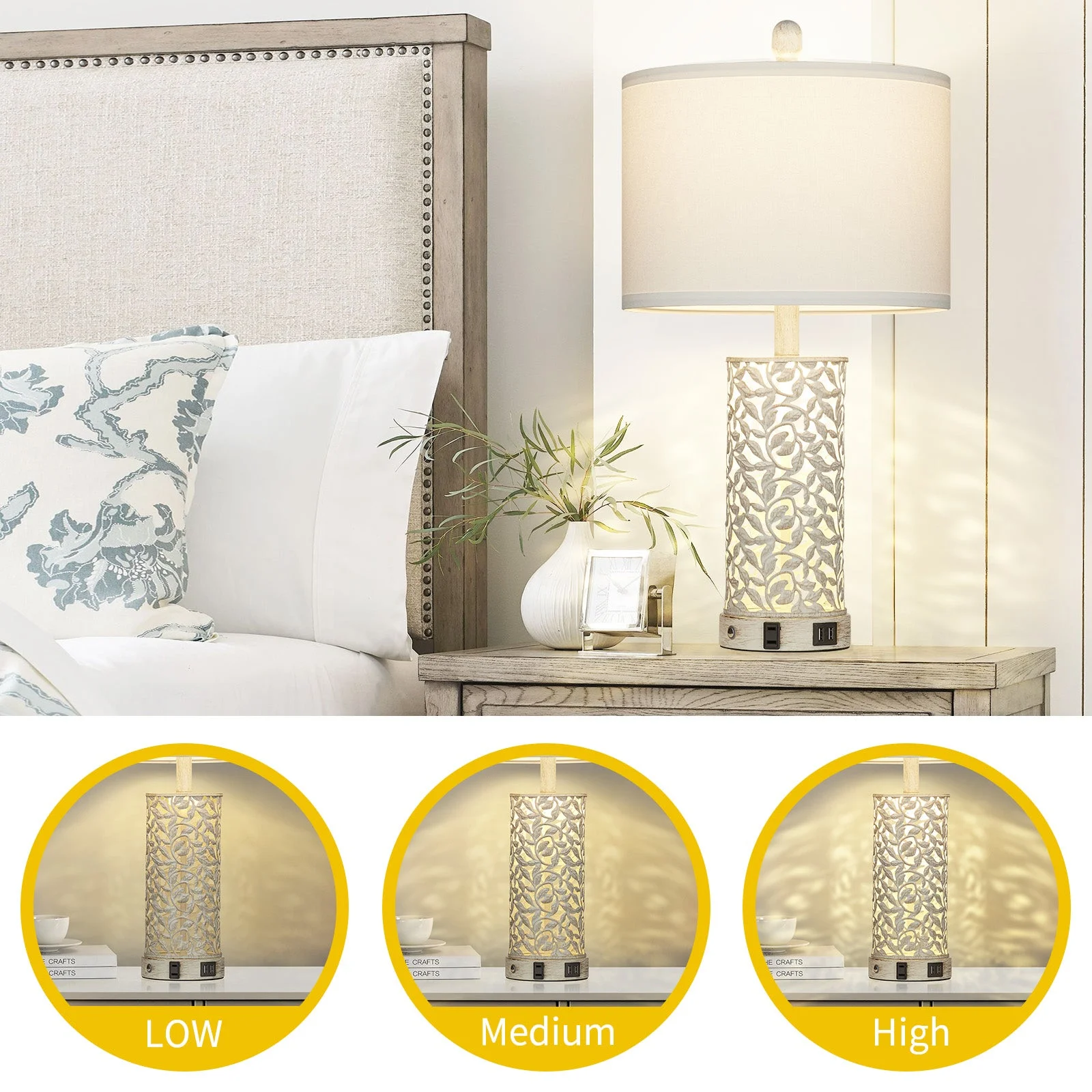 Cinkeda Table Lamp Set of 2 for Living Room Bedroom with USB Ports AC Outlet 3 Way Dimmable Touch Nightlight Farmhouse White Floral Nightstand Bedside Lamps