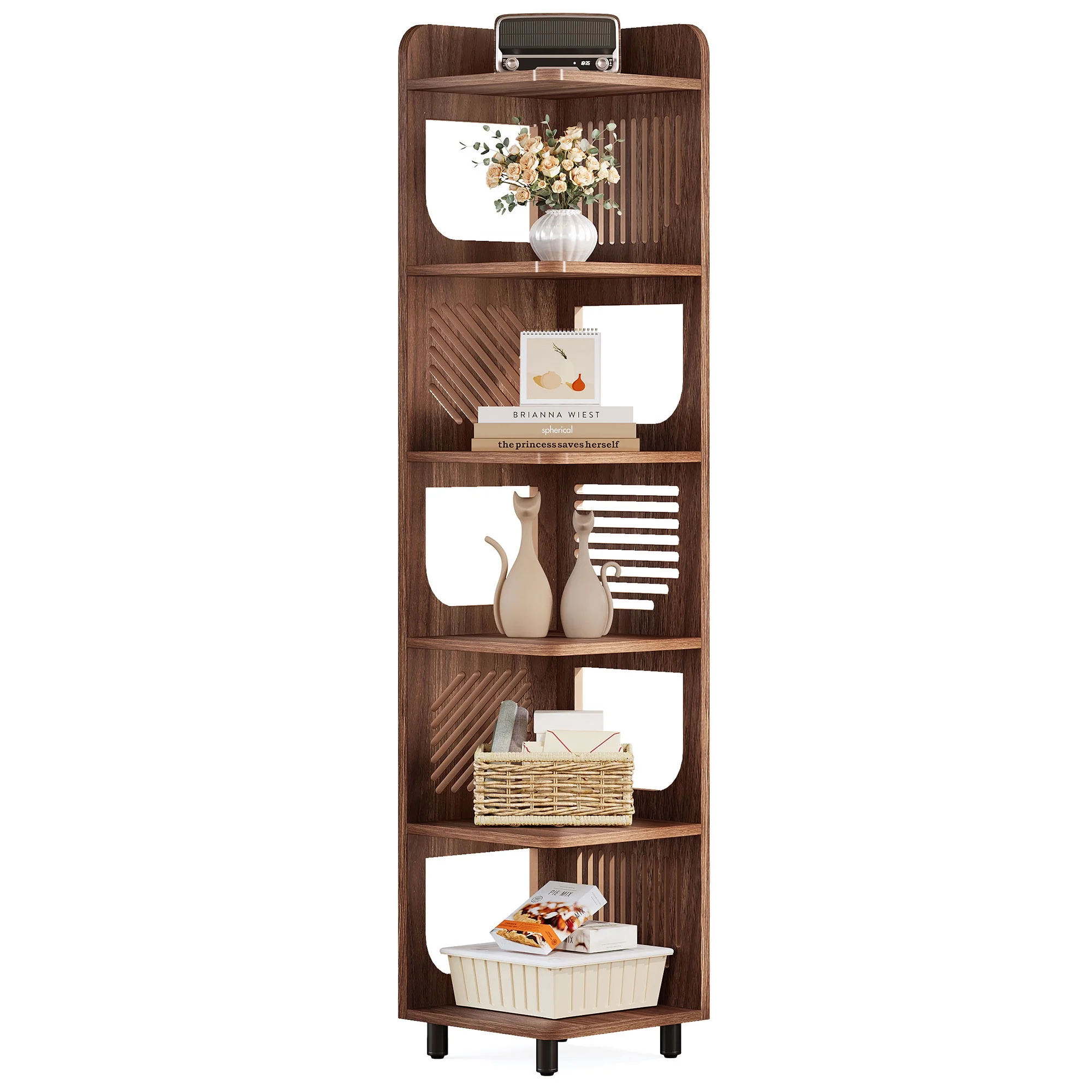 Fnova 71" 6-Tier Tall Corner Bookshelf, Rustic Wooden Narrow Corner Bookcase with Artistic Square Rack, Freestanding Display Storage Shelf for Space-Saving Home Organizing - Image 6