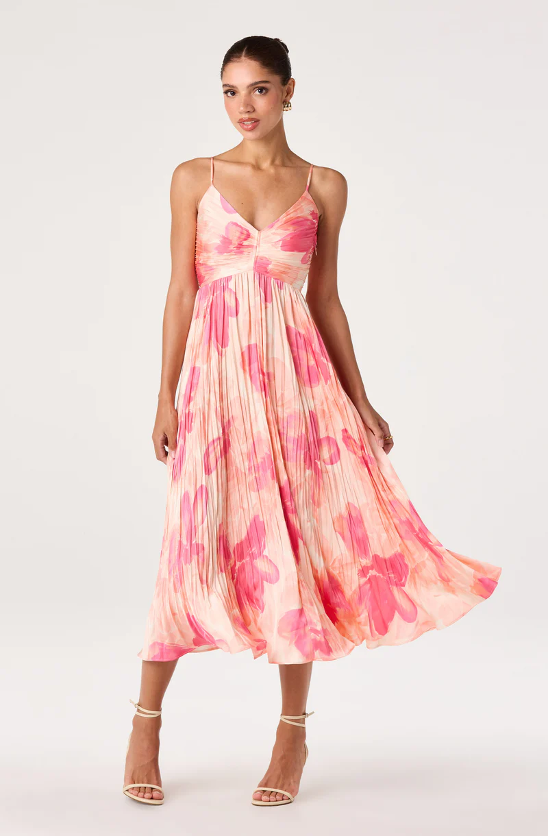 Maeve Pleated Midi Dress - Coral abstract fl