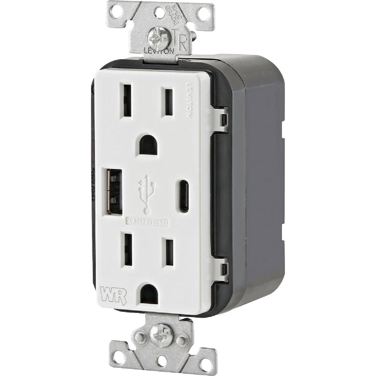 Leviton Decora 15A White 5.1A Type A/C USB 5-15R Weather/Tamper-Resistant In-Wall Charger Duplex Outlet