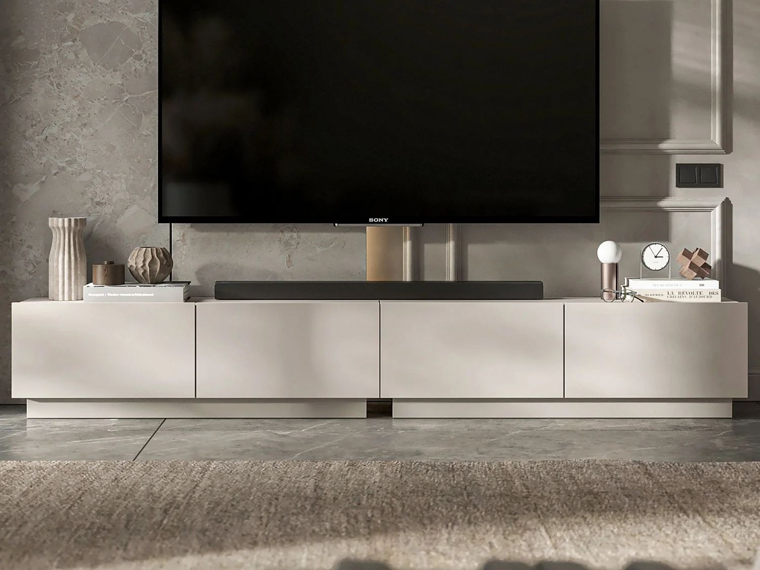 Meuble TV avec 4 portes - corps Cachemire mat, façades Cachemire mat - 240 cm, sur socle