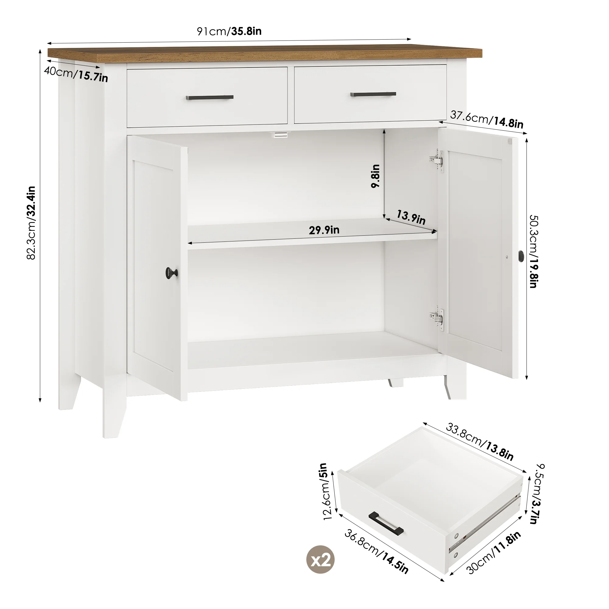 Homfa Entryway Cabinet, Kitchen Storage Cabinet, Farmhouse Buffet Sideboard with 2 Drawers and 2 Doors,Coffee Bar with Storage for Dining Room Living Room,White