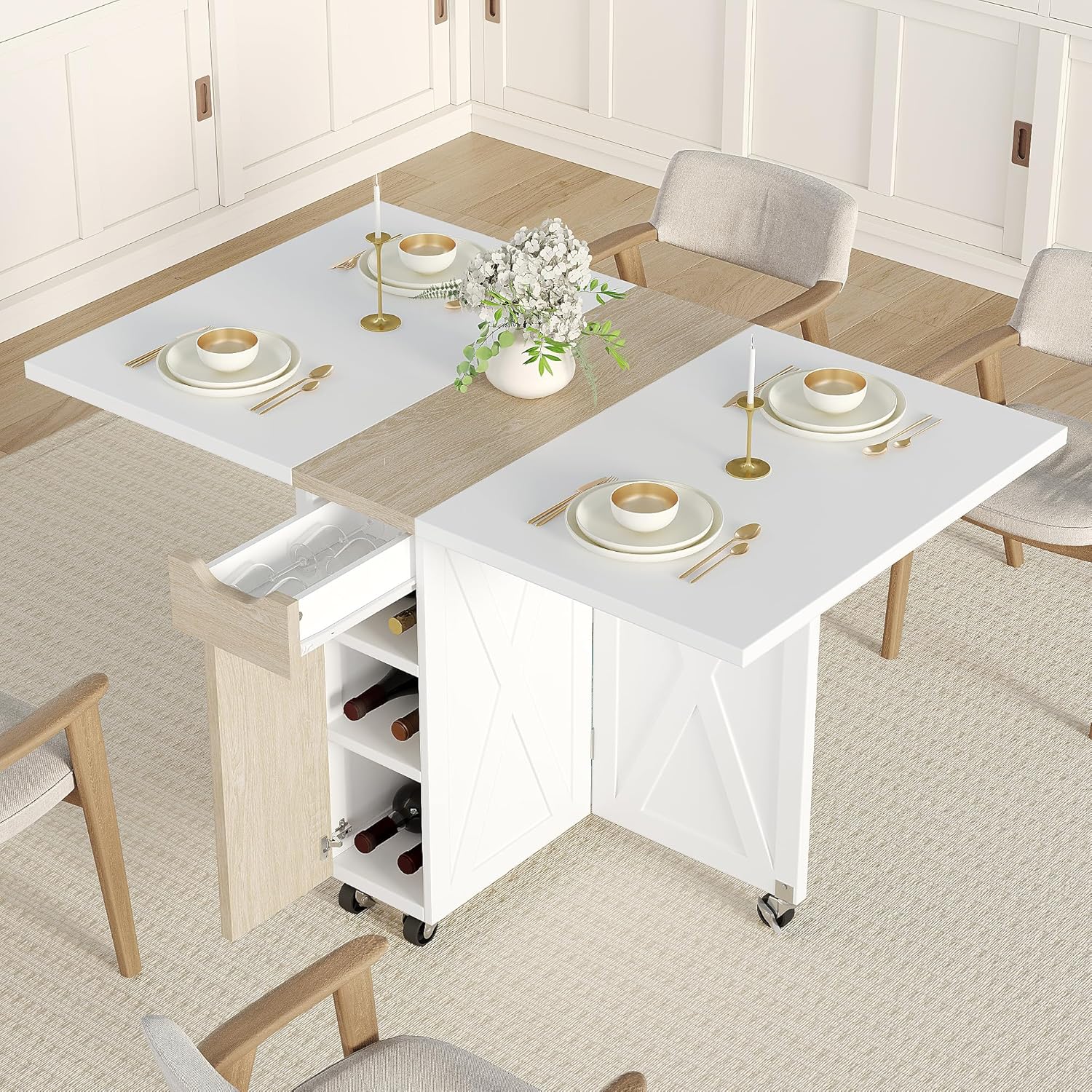 Space Saving Folding Dining Table with 2 Tier Storage-Extendable Drop Leaf Farmhouse Wood Kitchen Dining Room Tables Set for 4, Folding Kitchen Table with 6 Wheels, (Pear Wood Color and White)