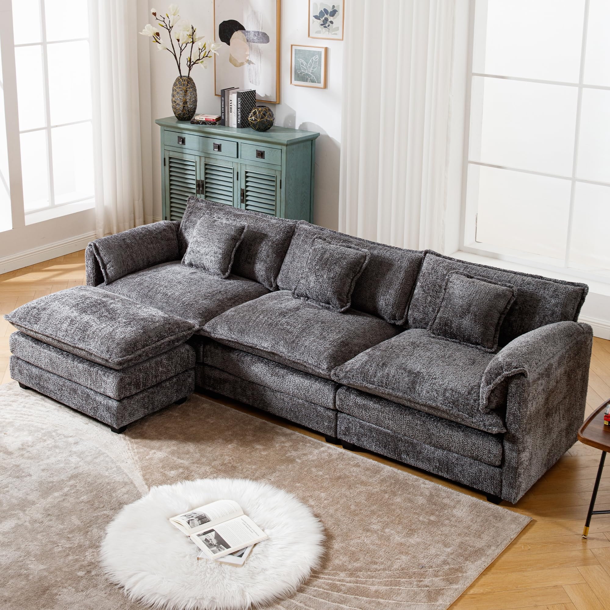 GNIXUU 112" Oversized Sectional Sofa Cloud Couch for Living Room, Modern Chenille L Shaped Couch, Comfy Boucle Modular Sofa Sleeper with Moveable Ottoman & Memory Foam (Green) - Image 48