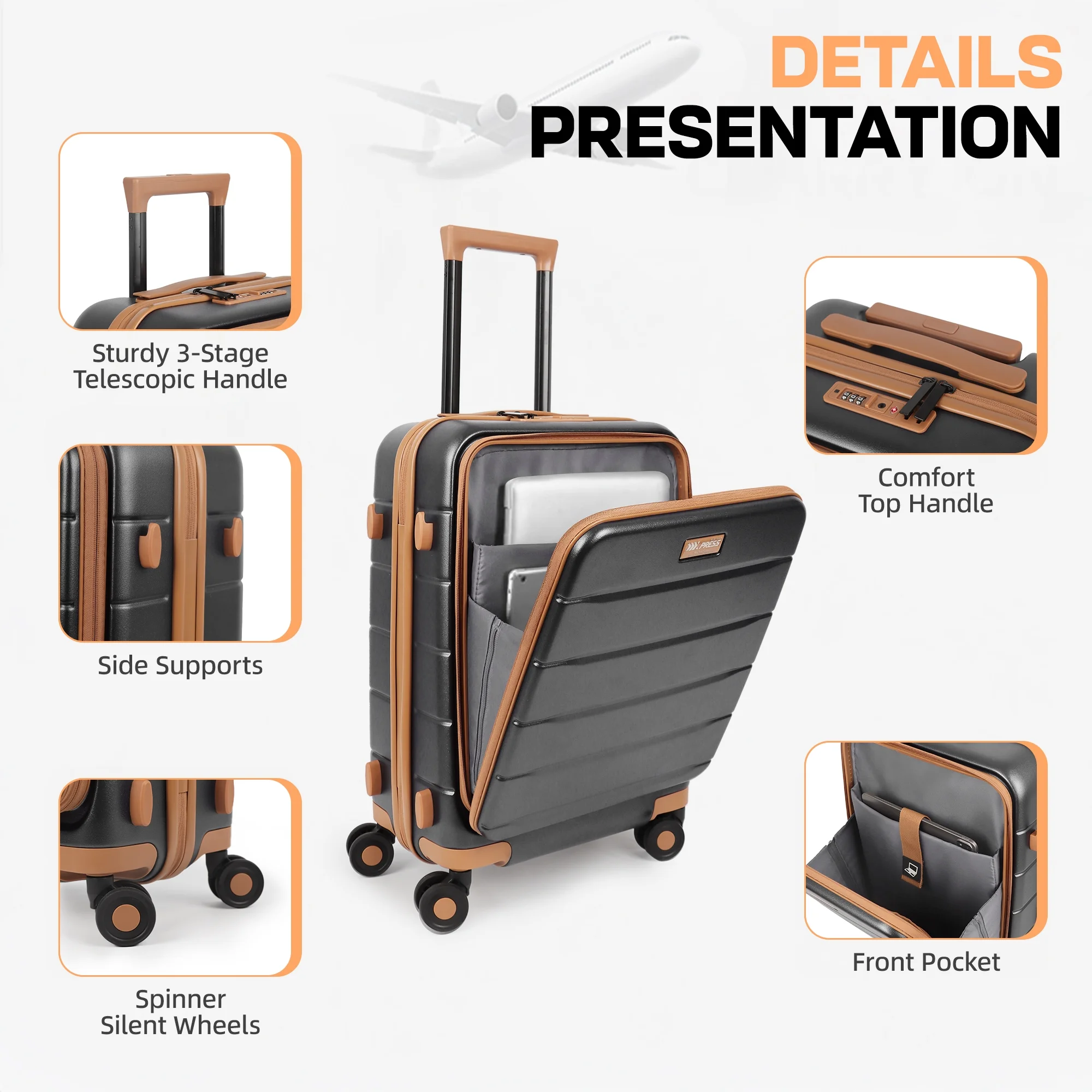 Carry On Luggage 22 x 14 x 9 Airline Approved Lightweight Hardside Spinner Luggage with TSA Lock and Laptop Compartment, Beige, CY2431 - Image 28