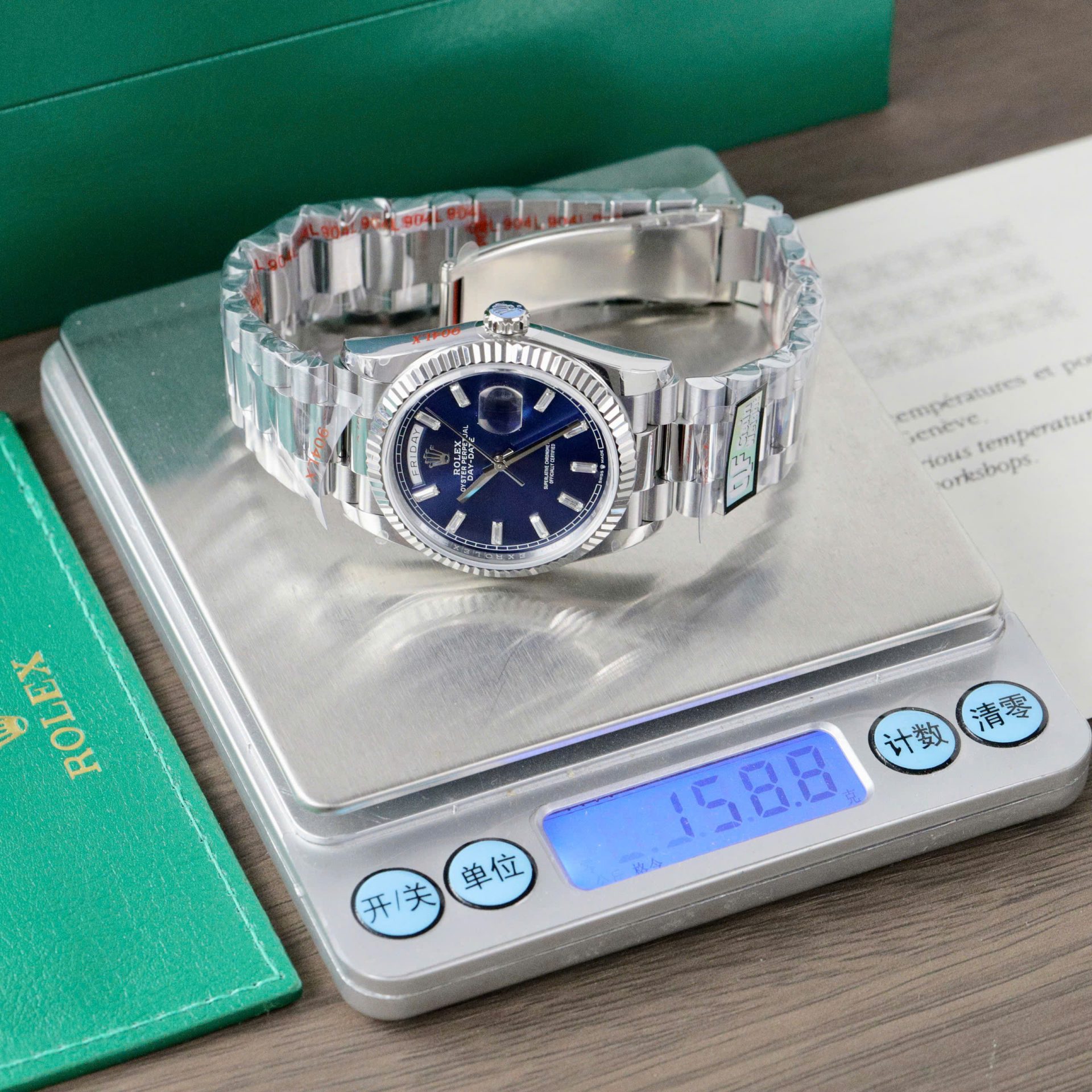 Rolex Day-Date 128236 Replica Watch Blue Dial Weight 158gram QF Factory 36mm - Elite Watch Atelier