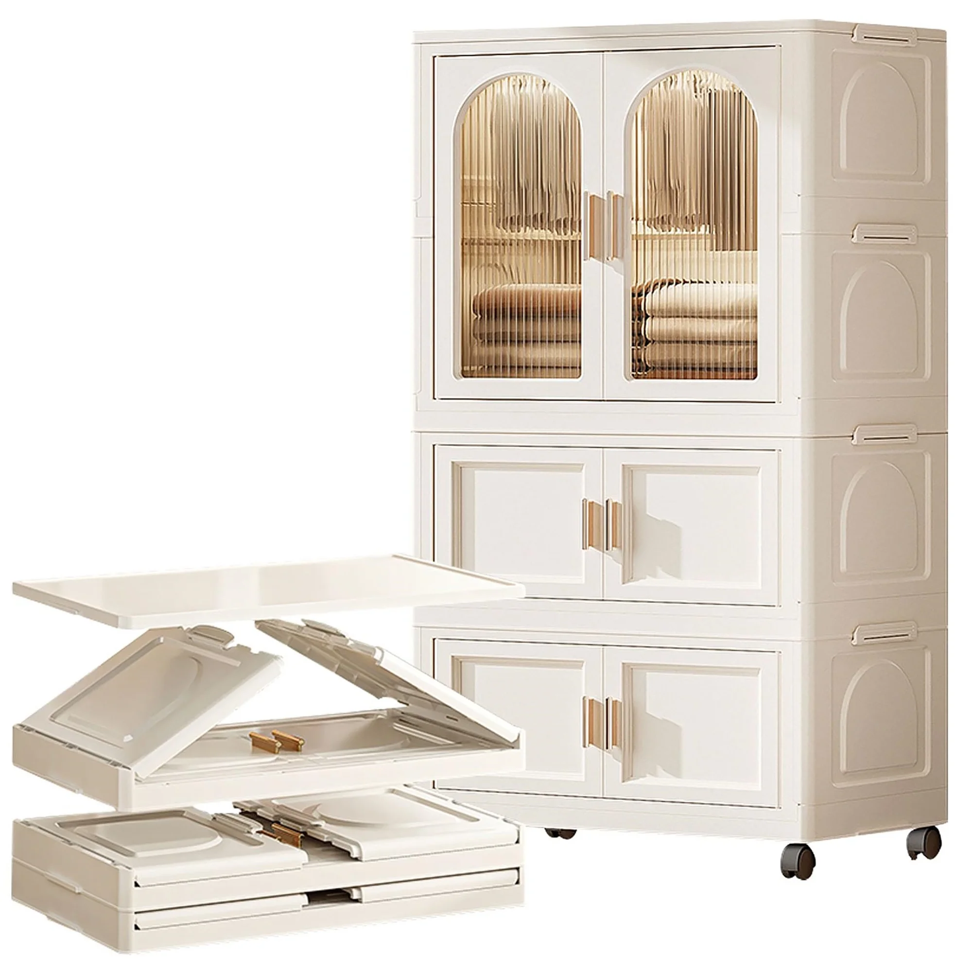 PORKISS Portable Wardrobe Closet, Folding Bedroom Armoire with Wheels, Plastic Storage Basket Can be Freely Combined (1 Layer of Wardrobe + 2 Layers of Folding Boxes+10 Hangers), Cream White-57.09