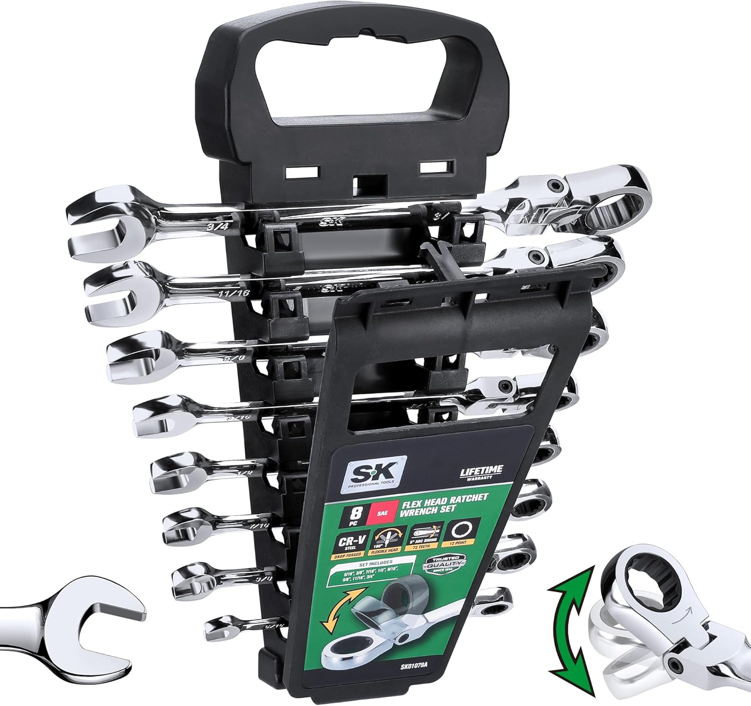 SK Flex-Head Ratcheting Wrench Set, Combination Wrench Set, 8-Piece, SAE 5/16