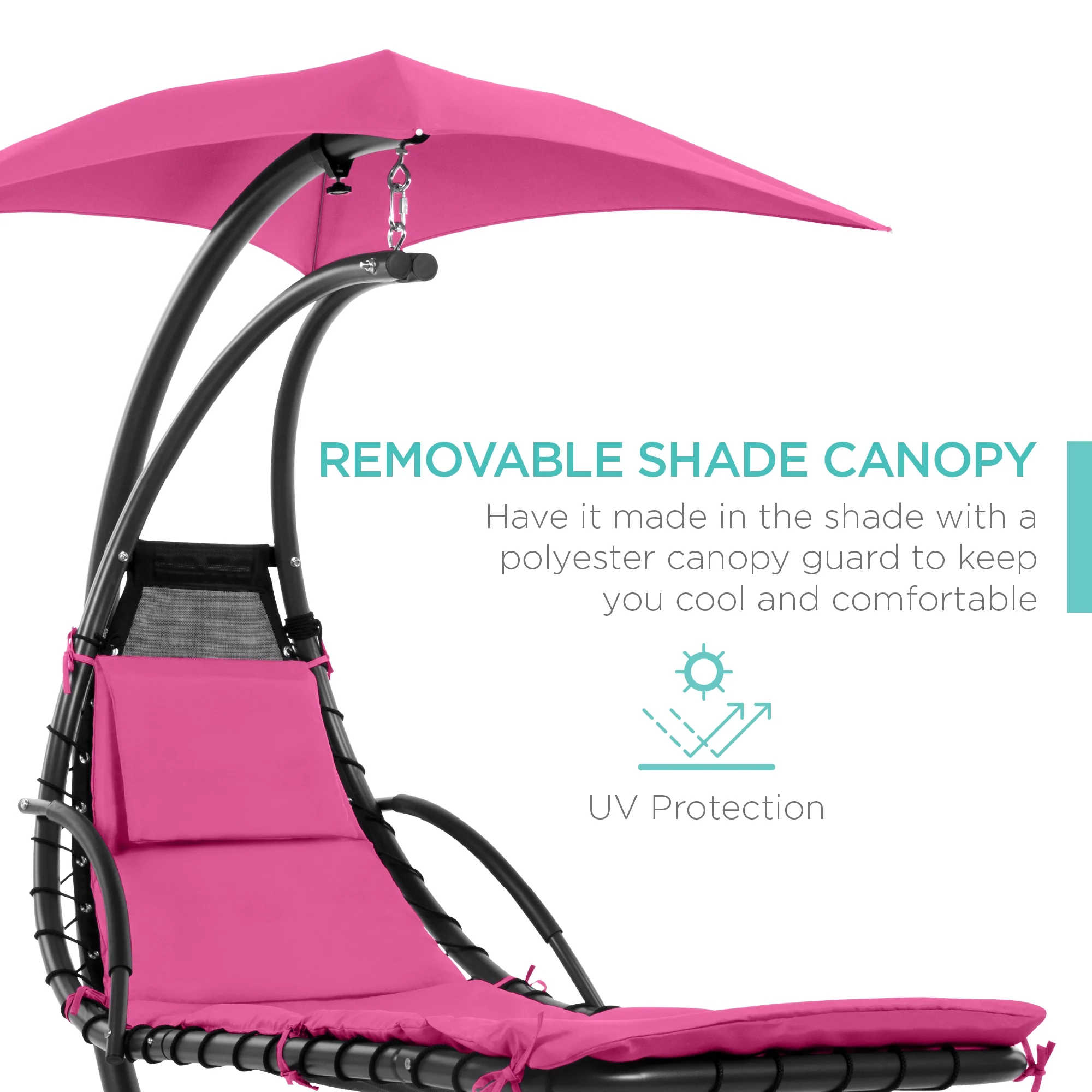 Best Choice Products Hanging Curved Chaise Lounge Chair Swing for Backyard, Patio w/ Pillow, Shade, Stand - Teal - Image 129
