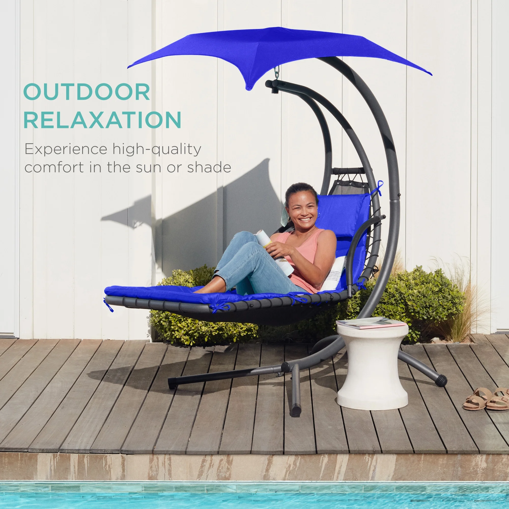 Best Choice Products Hanging Curved Chaise Lounge Chair Swing for Backyard, Patio w/ Pillow, Shade, Stand - Teal - Image 68