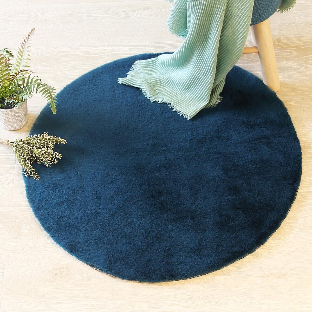 Fur effect round rug Duck blue, D.80 cm