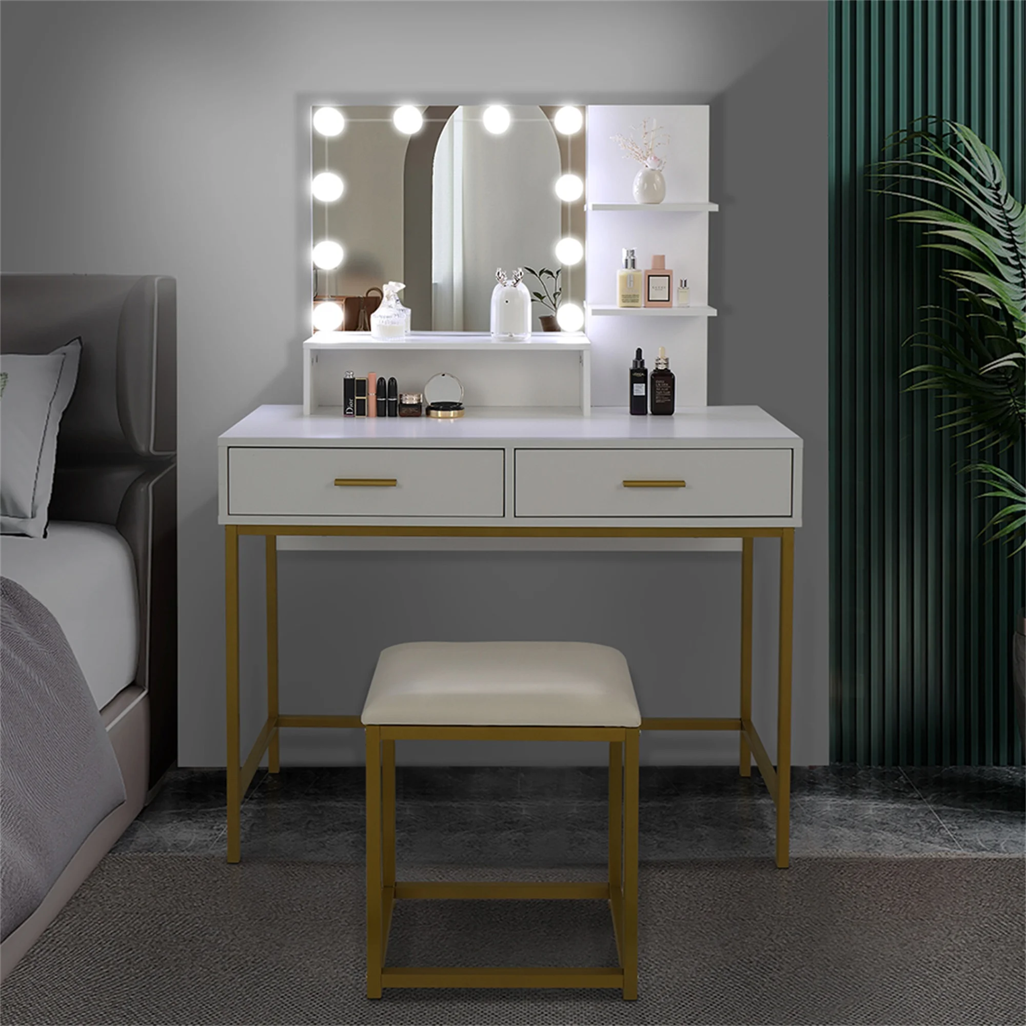 Resenkos Makeup Dressing Table with 10 LED Bulbs, Makeup Table with Mirror and Lights for Women, Girls, Bedroom, White
