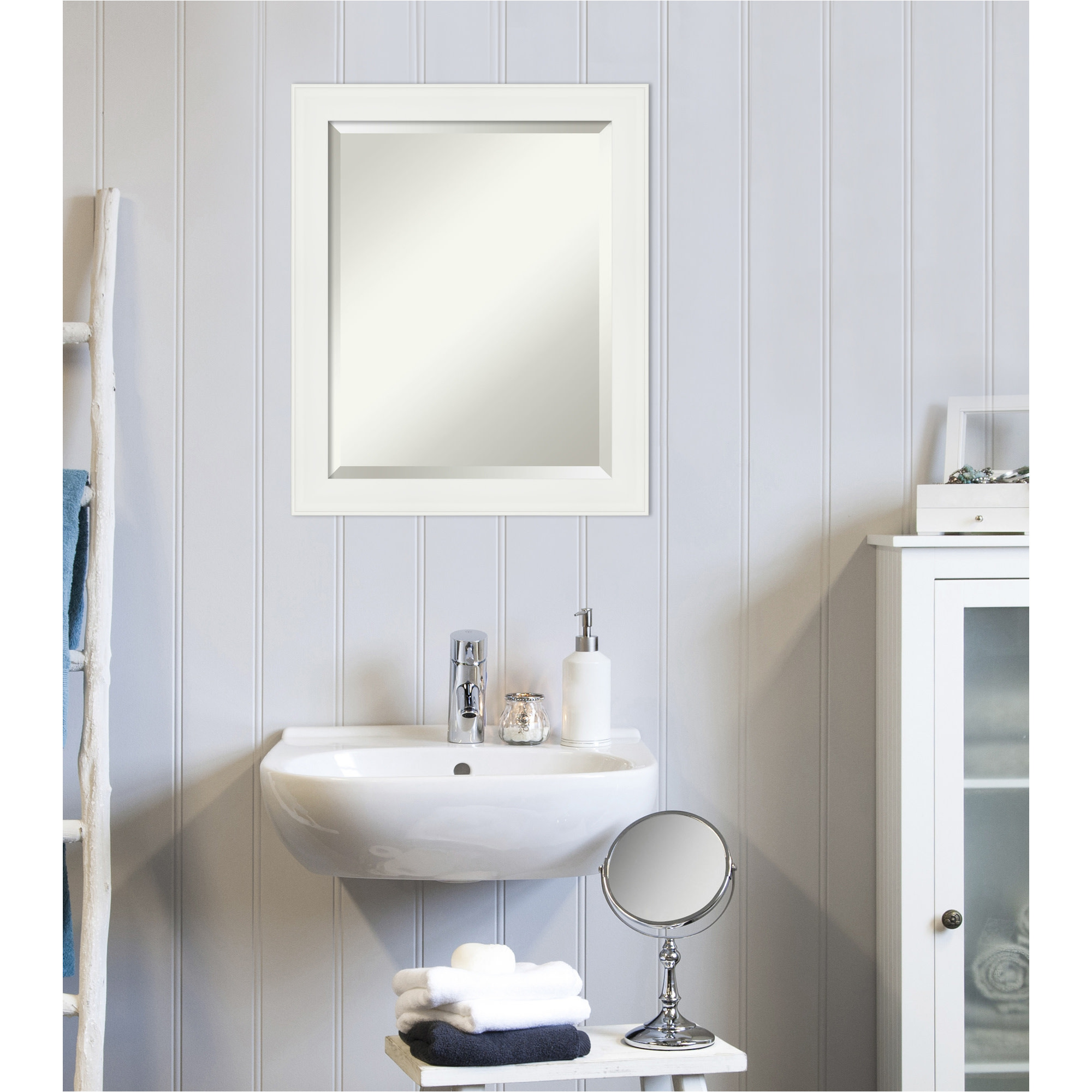 Vanity White Narrow Beveled Wood Bathroom Wall Mirror