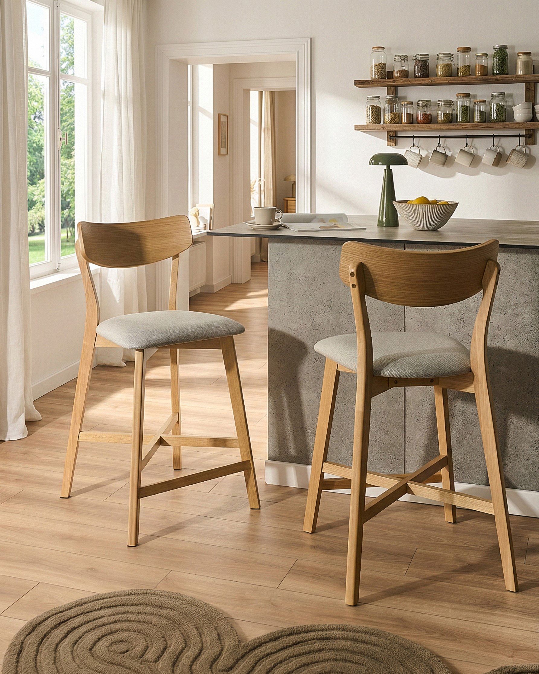 Set of 2 Bar Chairs HOPE Wood Light Brown/ Grey
