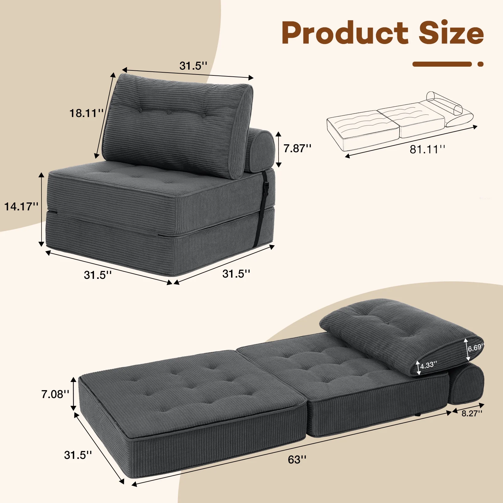 Hommpa Folding Sofa Bed Foldable Couch Bed Convertible Futon Chair with High Density Foam Filling with Pillow for Adult,Comfort chair bed for Living Room Bedroom,Gray,Single - Image 7