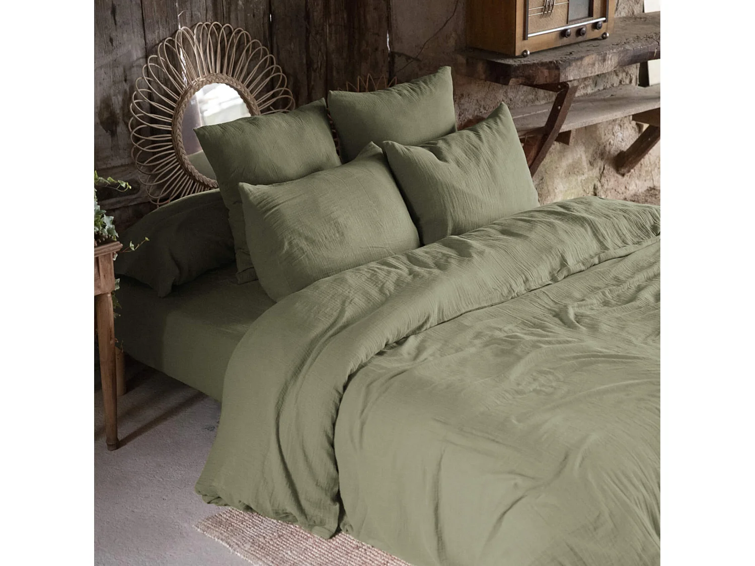 Parure de lit 240x220 double gaze de coton kaki Terre de Nuit