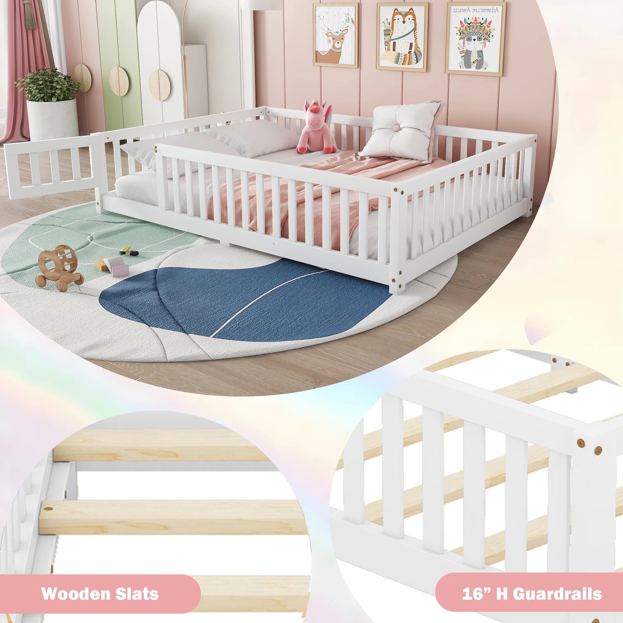Bellemave Full Size Floor Bed with Door and Fence Floor Bed with Bed Slats Sturdy Wood Floor Bed Montessori Bed Frame (Full, Pink) - Image 34