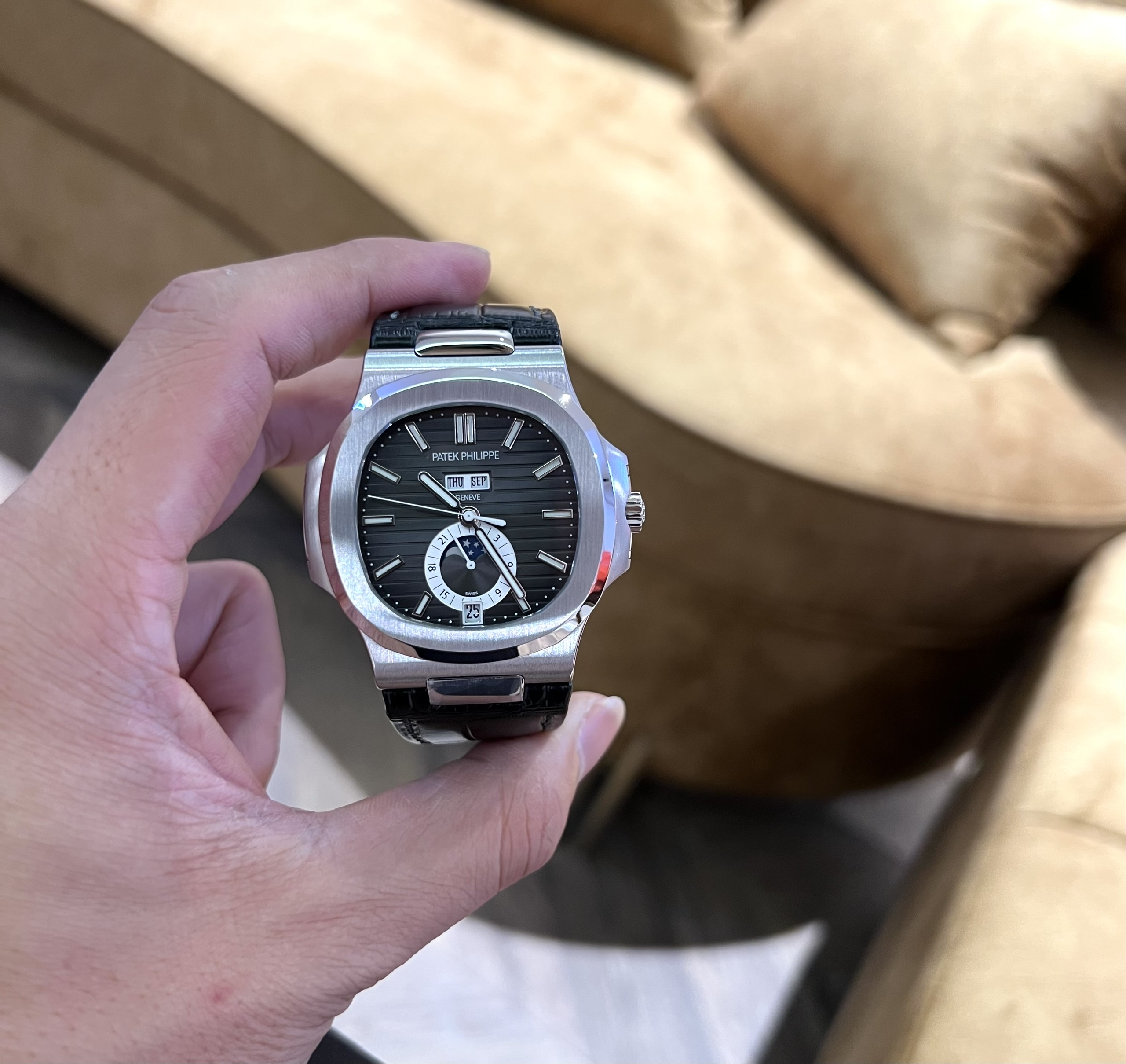 Patek Philippe Nautilus 5726 Replica 1:1 Watch Black Dial Leather Strap Factory PPF 40.5mm - Elite Watch Atelier