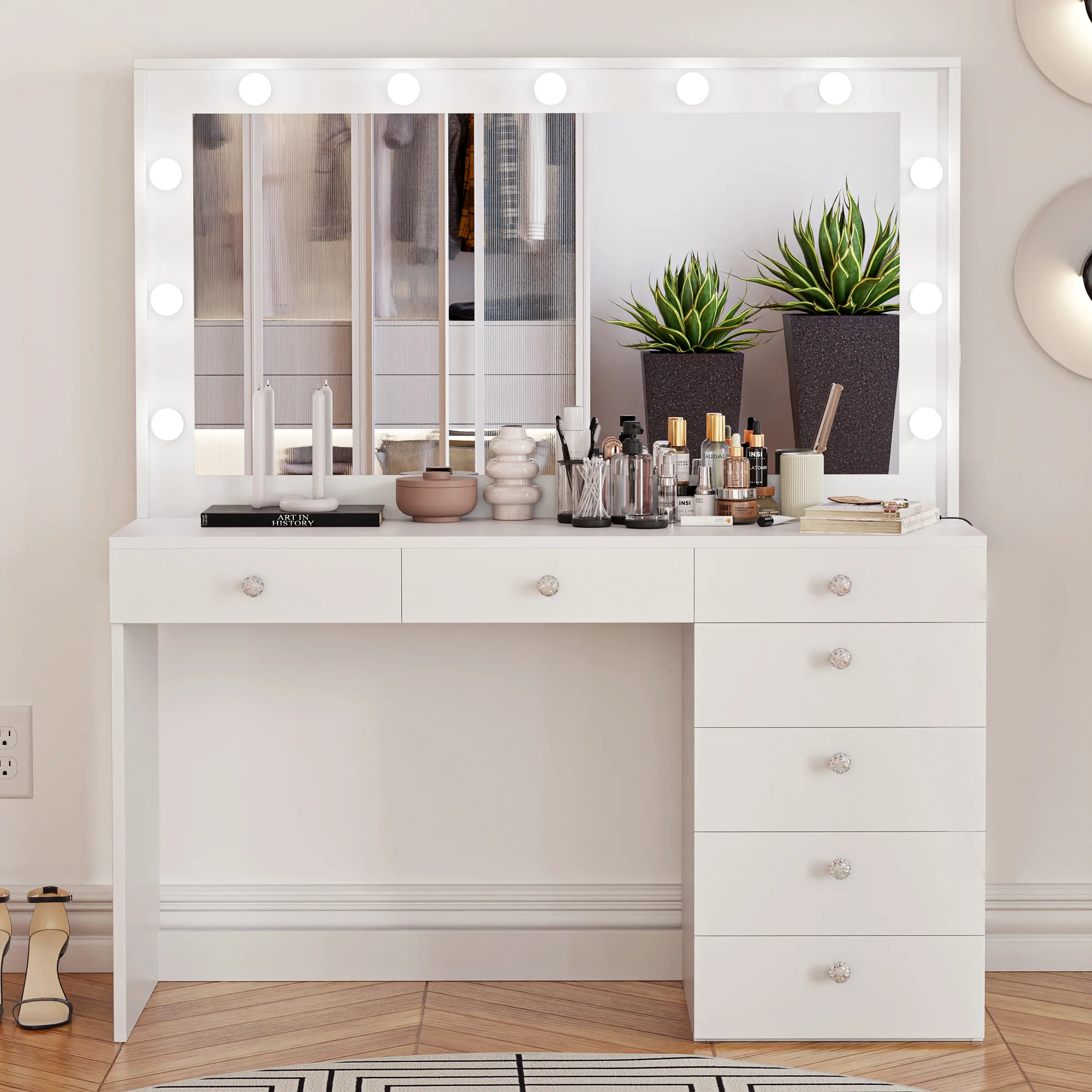 Ember Interiors Caris White Makeup Vanity Desk with Add-On Lights, Charging Station, and Mirror, for Adults