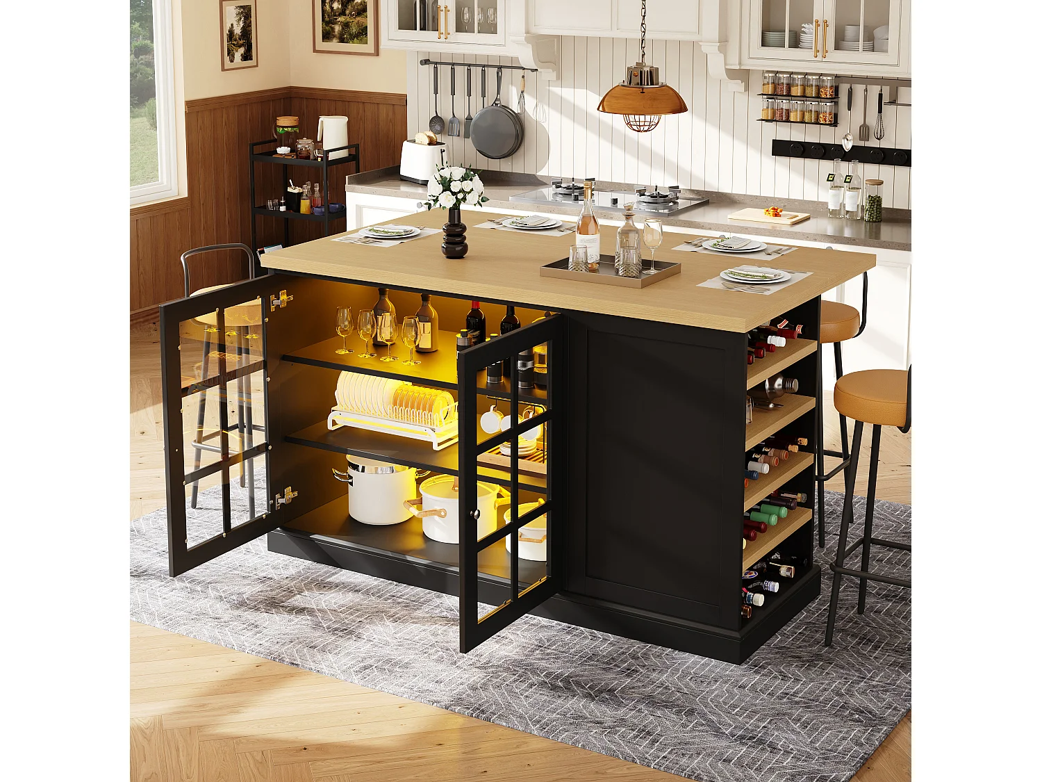 Table de bar pliante 120x40-70x90 cm LED USB range-bouteilles tiroir îlot cuisine MDF nior bois