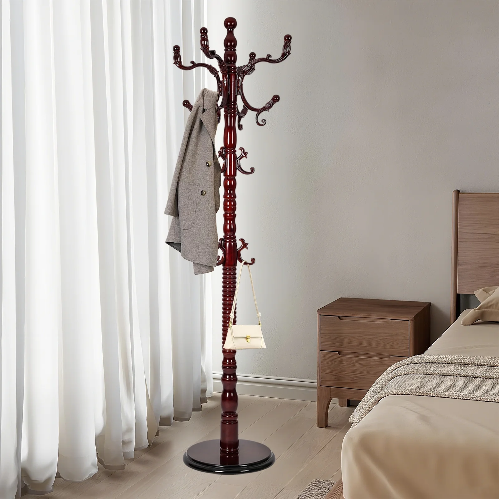Coat Rack Freestanding, Hall Tree with 11 Hooks, Heavy Duty Wooden Coat Tree Stand, Adjustable Height, Sturdy Base for Bedroom Hallway Office - Load 270lbs - Image 51