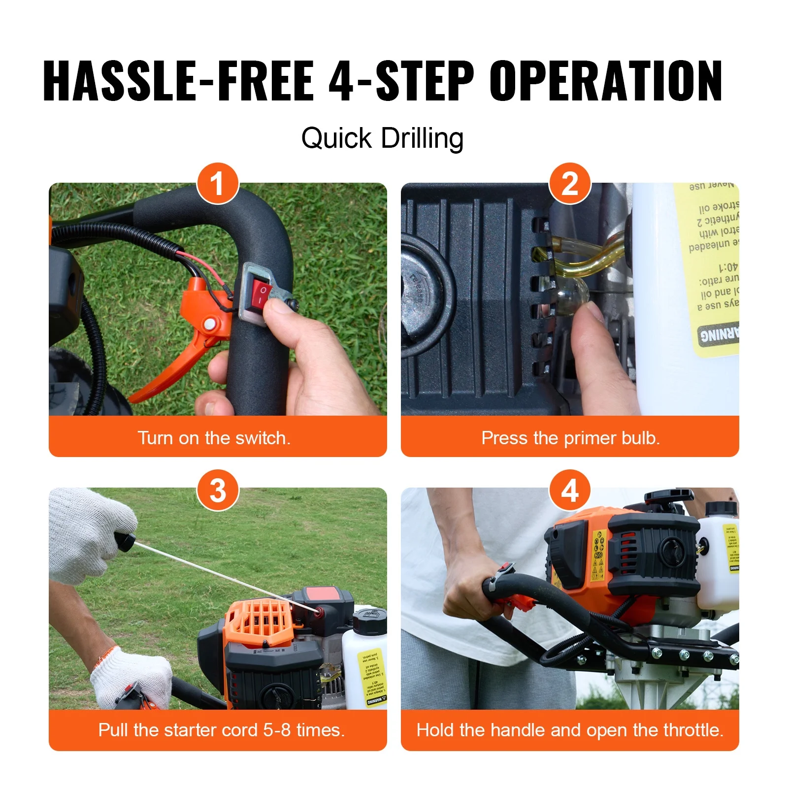 KFFKFF Gas Earth Auger, 52CC 1450W, includes 8�� Drill Bit & Extension Rod, Ideal for Garden, Farmland Fence Installation, Orange & Black - Image 4
