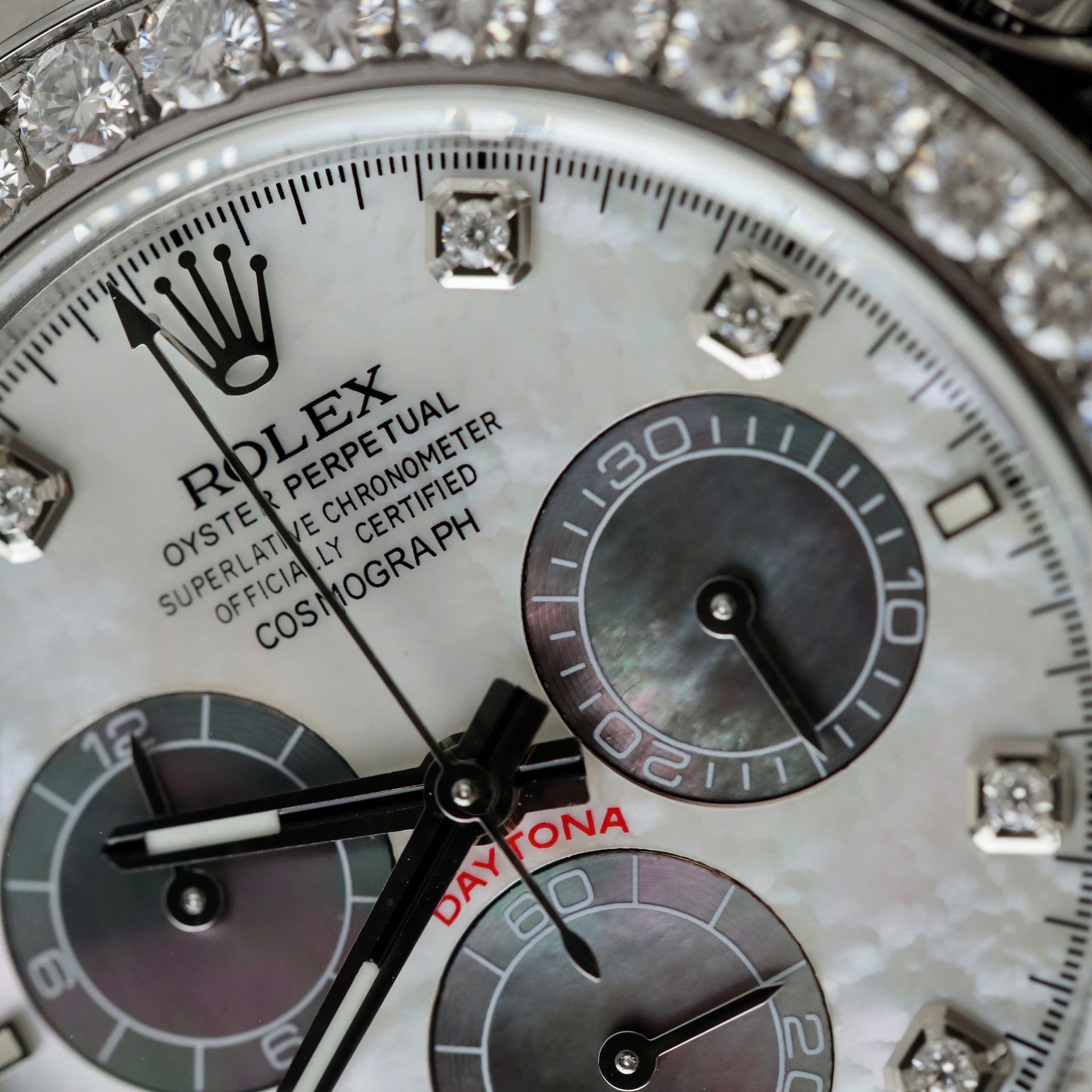 Rolex Daytona Dial MOP Replica Watch Number Pile + Bezel Diamonds Moissanite Custom 40mm - Elite Watch Atelier