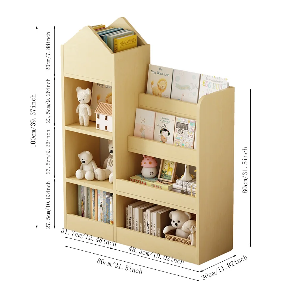 PORKISS Bookshelf for Kids, Wood Kids Bookcase with Toy Storage Organizer, Freestanding Book Shelf with 6 Compartments and 2 Baskets Bins for Kids Bedroom, Nursery, Playroom, Natural - Image 9