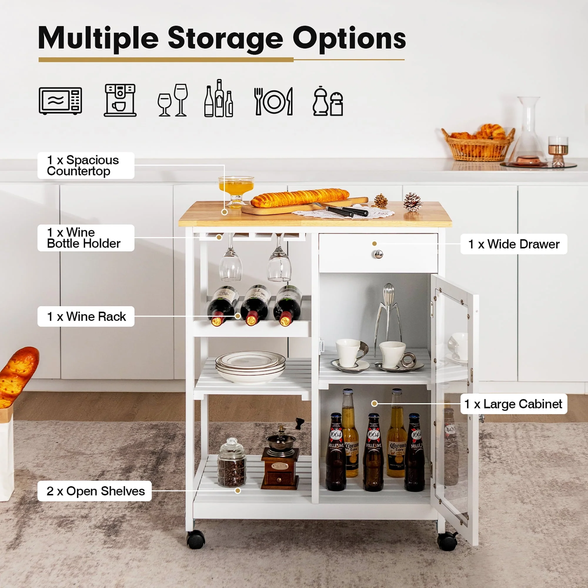 Costway Rolling Kitchen Island Wood Top Trolley Cart Storage Cabinet w/Shelf & Wine Rack - Image 6