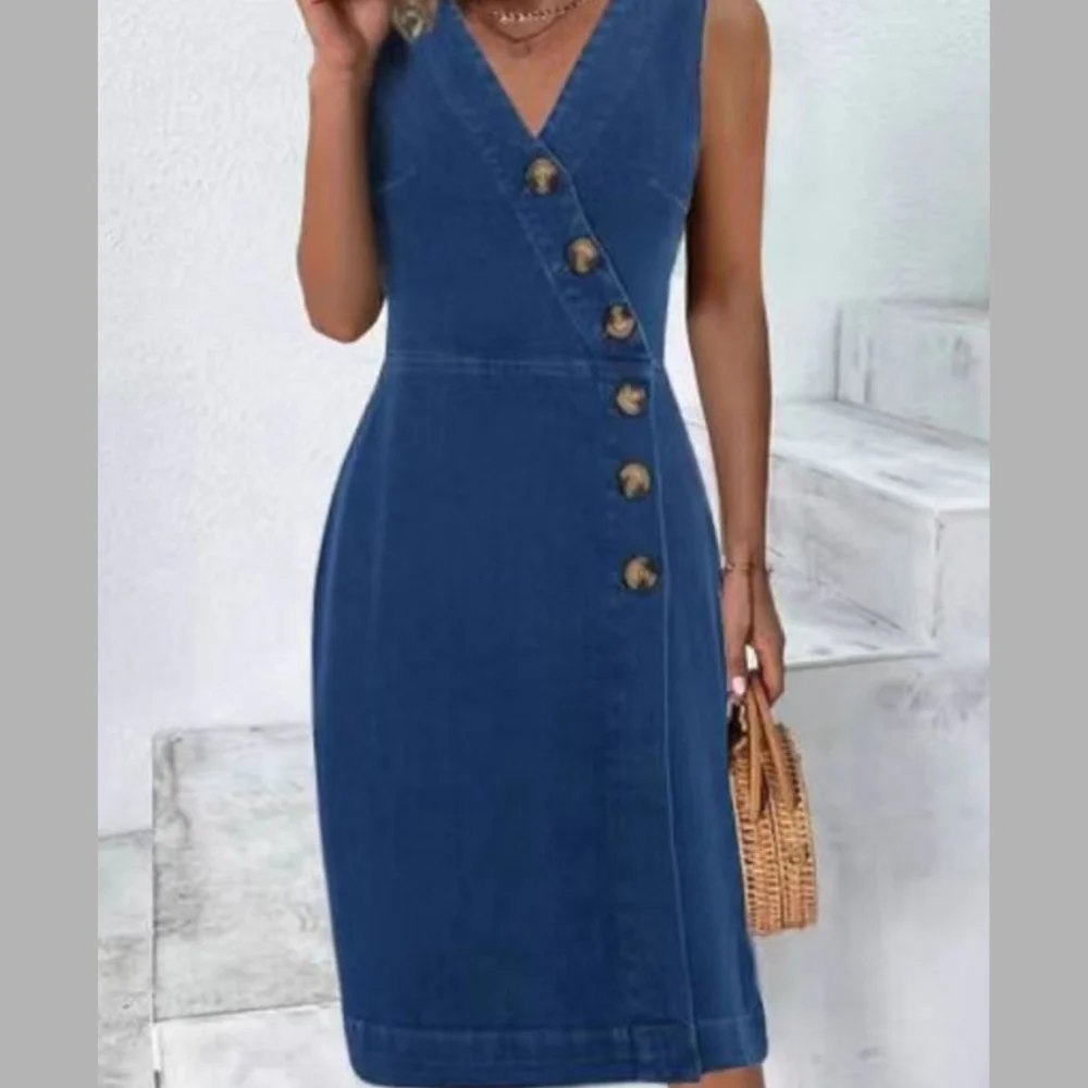 Button-Front Casual Sleeveless Denim Dress - ZKZOOK