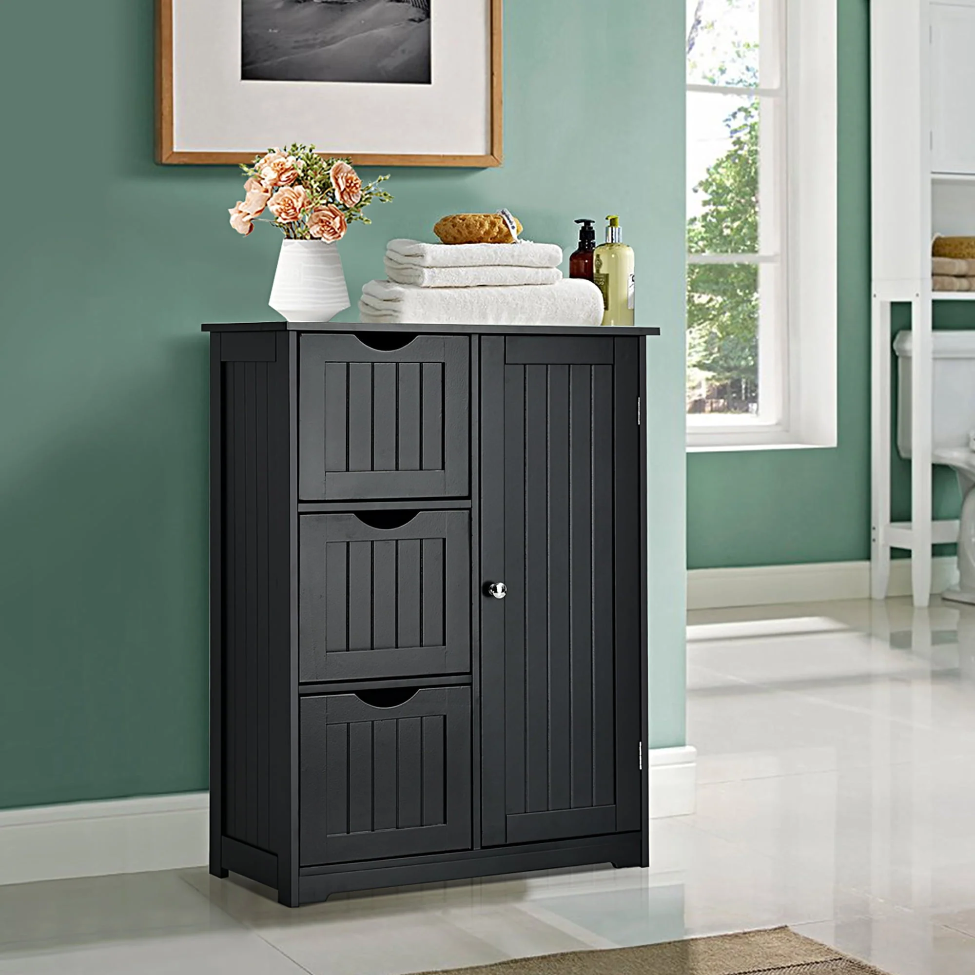 Costway Bathroom Floor Cabinet Side Storage Cabinet with 3 Drawers and 1 Cupboard Black
