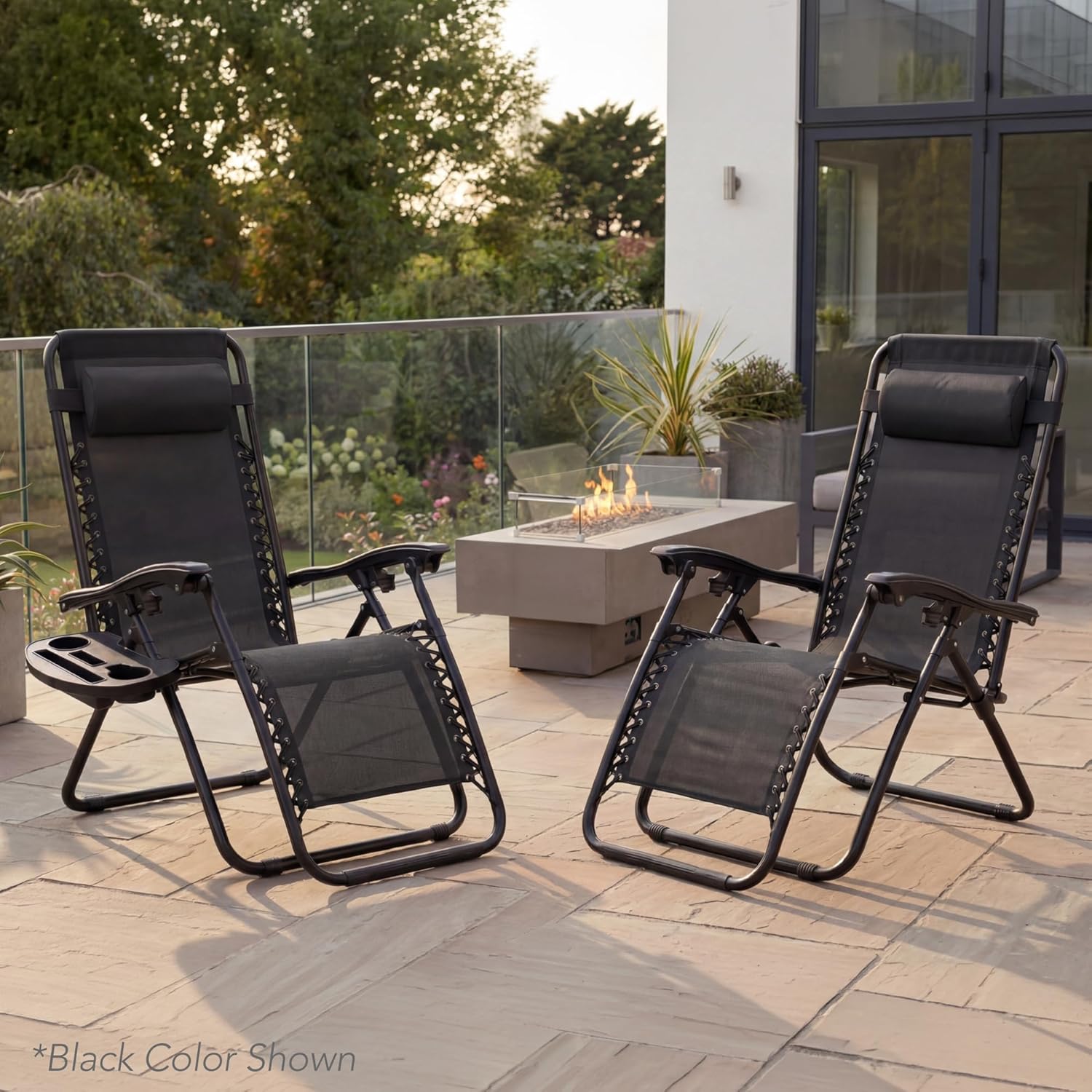 Best Choice Products Set of 2 Adjustable Steel Mesh Zero Gravity Lounge Chair Recliners w/Pillows and Cup Holder Trays - Black Striped