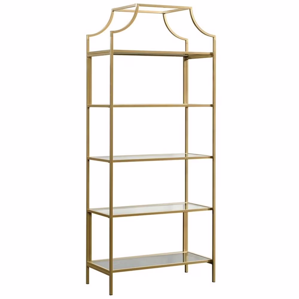 Pemberly Row 5-Shelf Modern Metal Bookcase in Gold Satin/Faux Deco Stone - Image 5