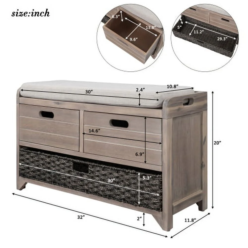 Solid Wood Storage Bench, Narrow Entryway Bench with 2 Drawers and Removable Basket, Classic Accent Shoe Bench with Storage and Removable Cushion for Hallway Living Room, Fully Assembled, Navy - Image 21