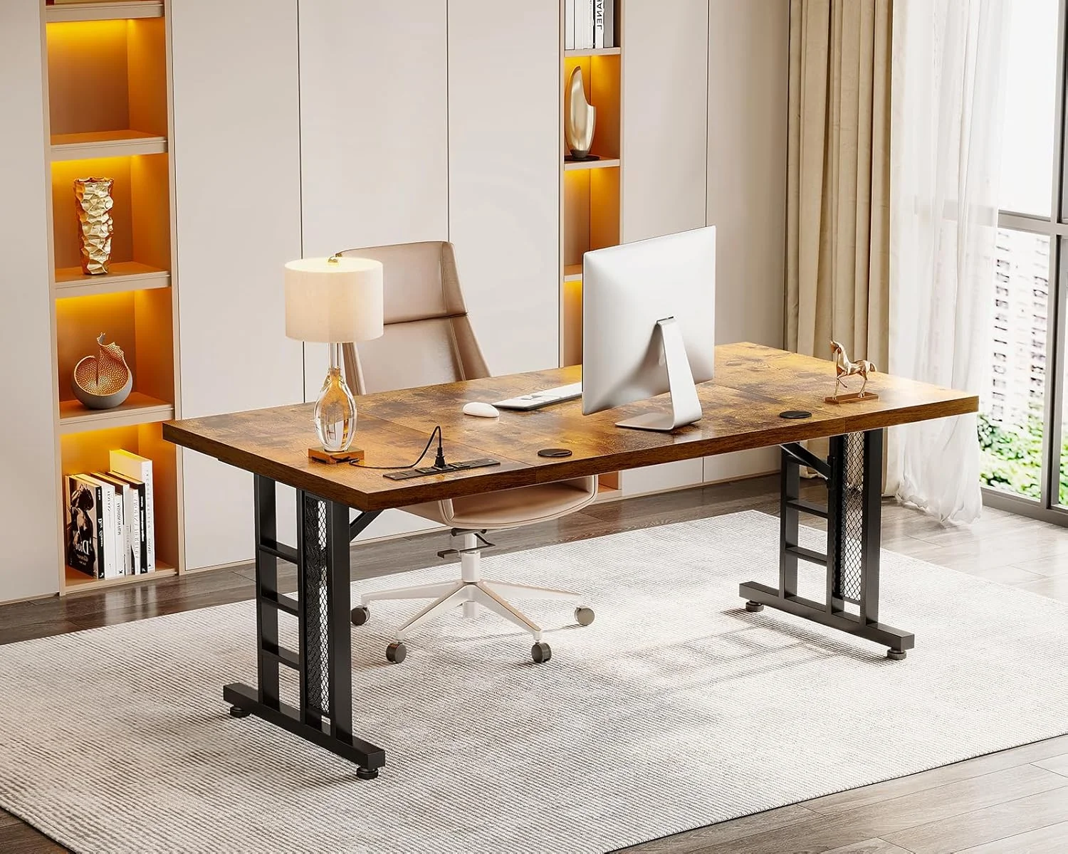 Coleshome 71 Inch Executive Desk with USB Ports, Large Computer Desk with Extra Thick, Long Mordern Office Desk, Workstation Business Furniture for Home Office, Vintage