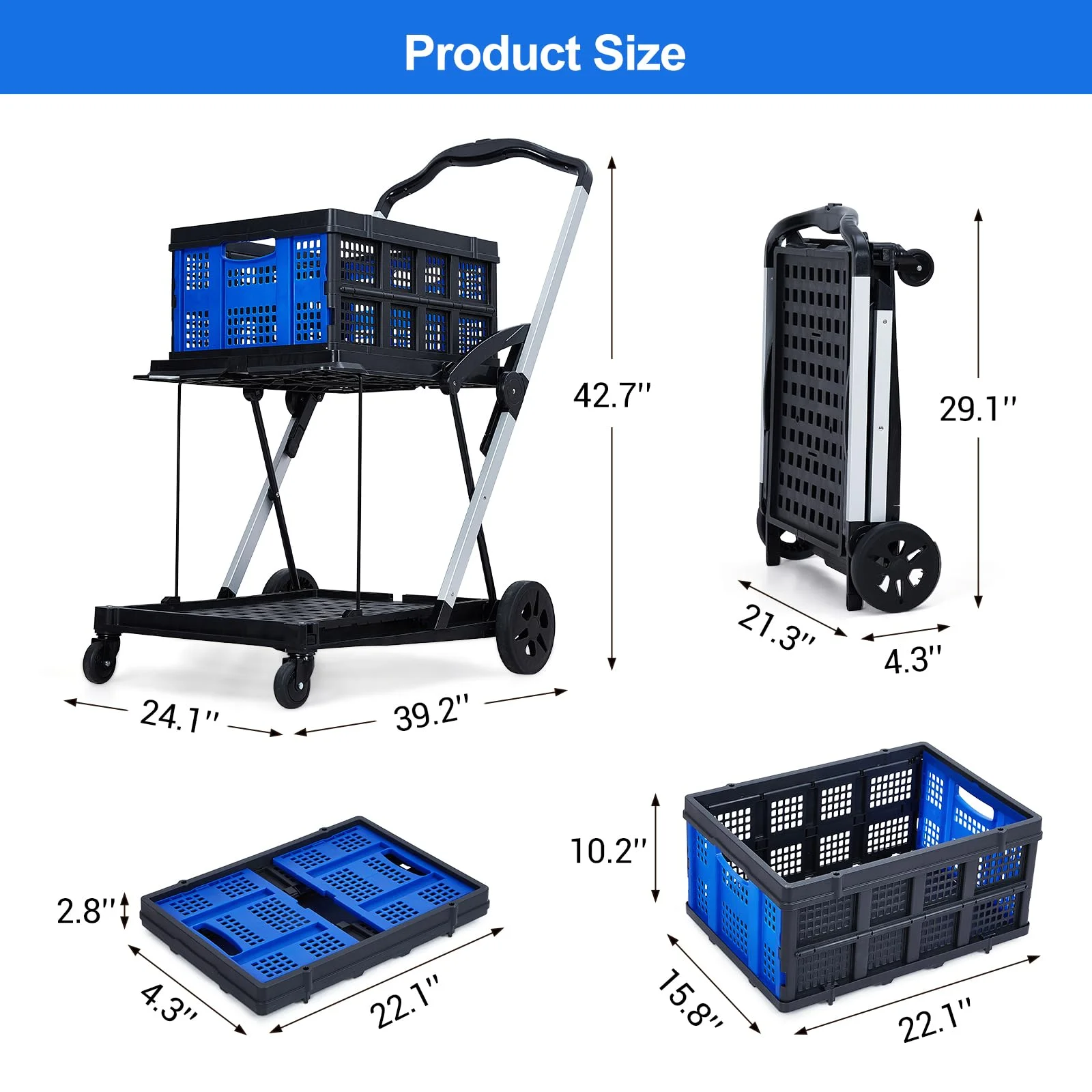 Collapsible Utility Cart, Multi Use Functional Collapsible Shopping Carts, 2-Tier Collapsible Shopping Cart with Storage Crates, Heavy Duty Utility Cart Folding Trolley for Shopping, Picnic and Office - Image 7