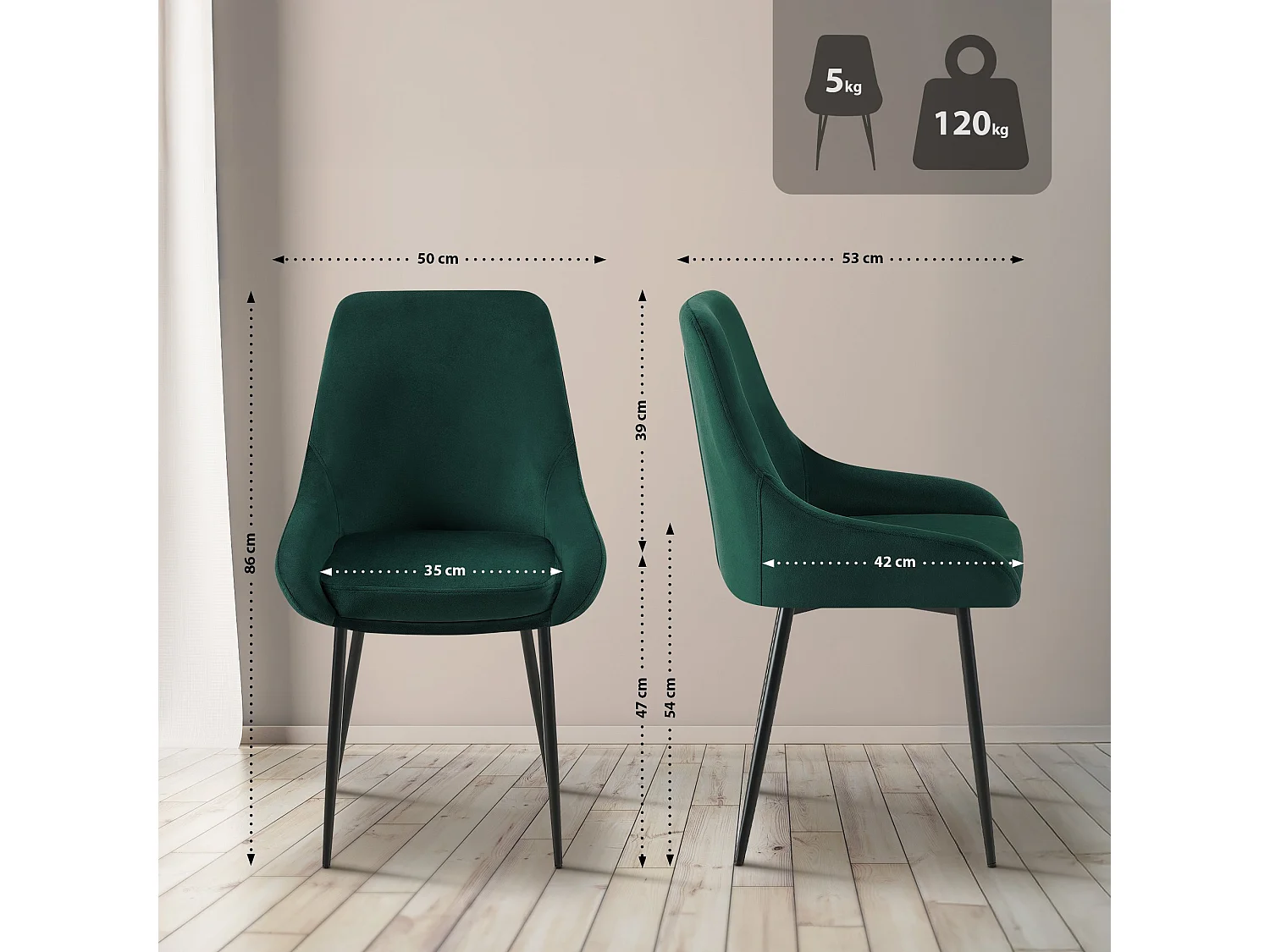 Lot de 2  chaise salle à manger - Velours - Vert - Elmira