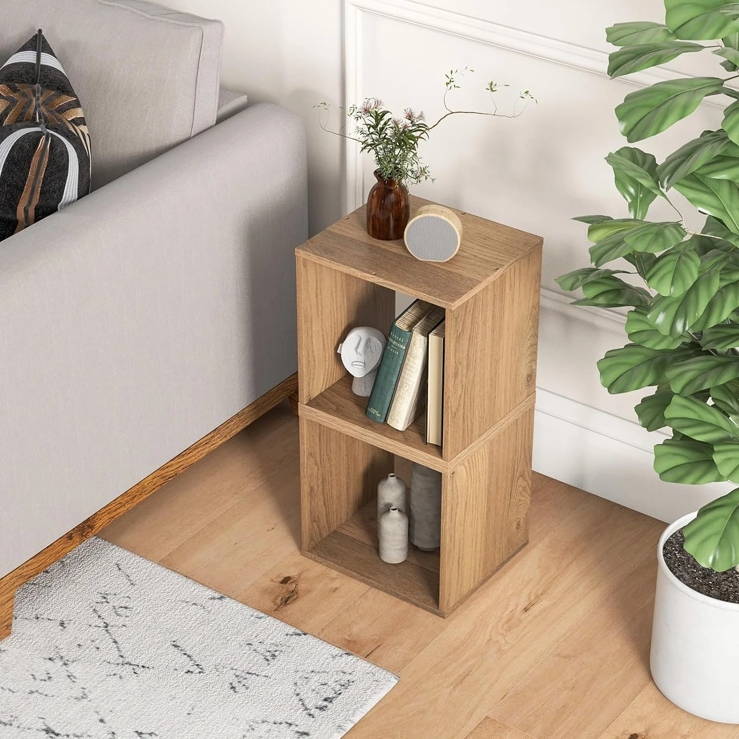 4 Stackable Bookshelf Cubes, Cubical Storage Organizer with 4 Removable Open Shelves, Small Book Shelves for Small Spaces, Cube Book Shelf for Bedroom, Living Room, Home Office (Natural)
