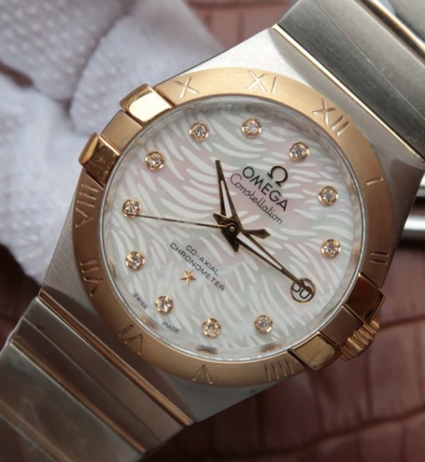 Replica Omega V6 Constellation 35mm SS White Dial Diamonds Markers RG Bezel A2500 - Elite Watch Atelier