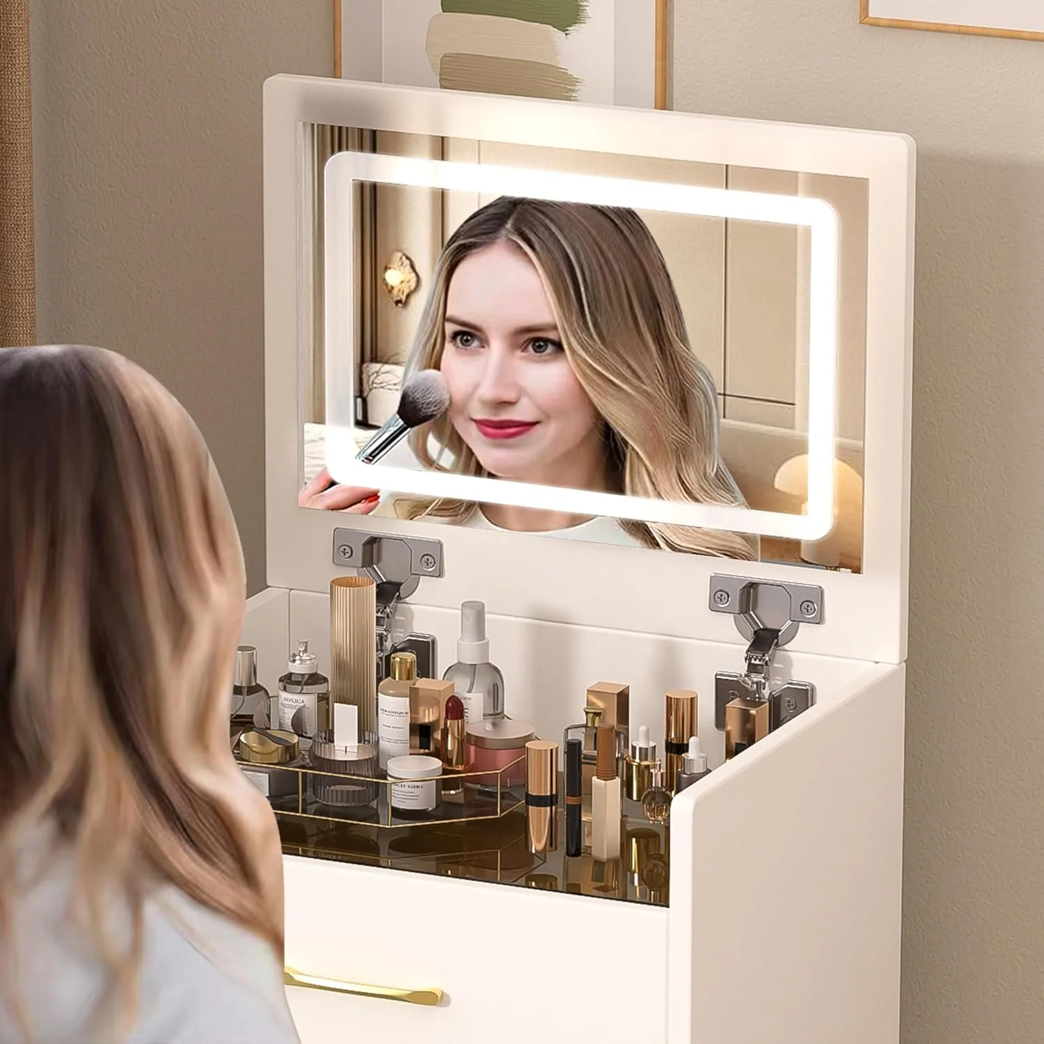 Montary Modern Mini Vanity w/Adjustable LED Mirror + Hidden Storage, Padded Stool & Dustproof Shelves (White) - Image 119