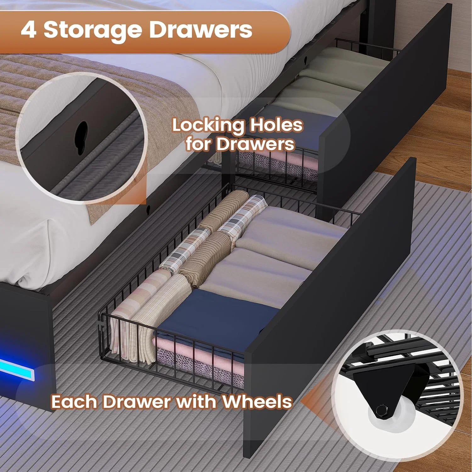 AOGLLATI Upholstered Platform Twin Bed with 4 Storage Drawers & Charging Station & LED Lights, Black - Image 10