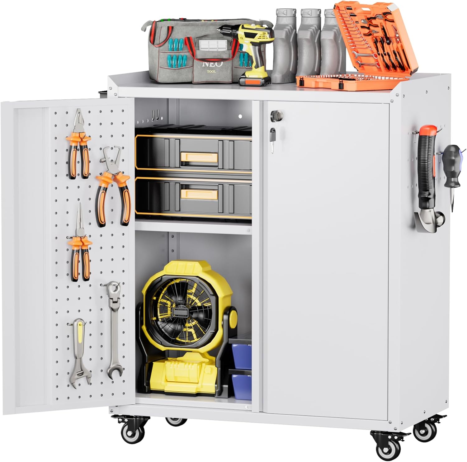 Garage Storage Cabinet with Wheels,Lockable Metal Storage Cabinet on Wheels, Pegboard for Garage Home Warehouse, Assembly Required, White,13.8 