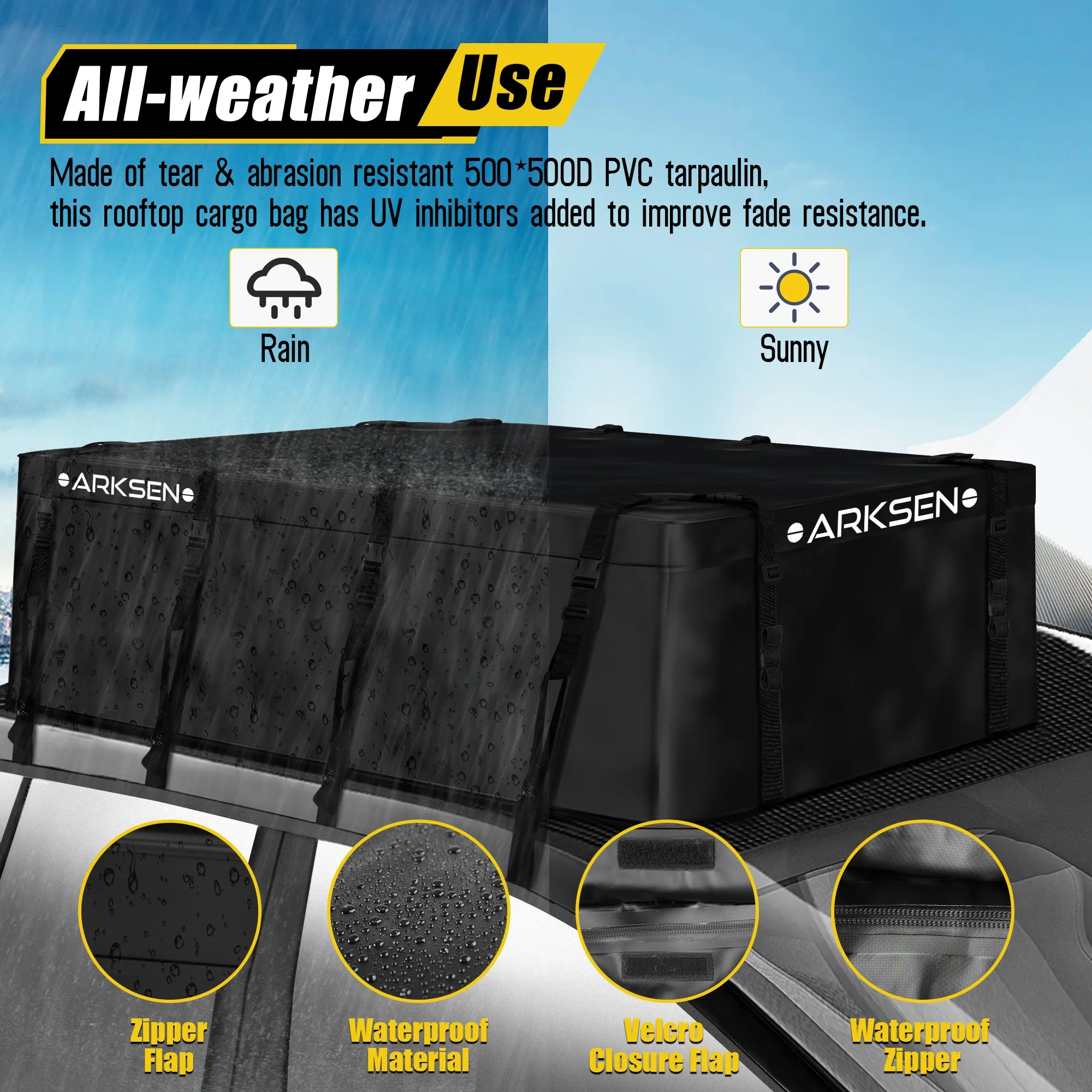 Arksen 29 Cubic Feet Waterproof Roof Top Luggage Storage Bag Heavy Duty Car Carrier Rooftop Bag W/ 12 Reinforced Straps, External Anti-slip Mat, 8 Door Hooks, For All Vechicles With/Without Rack